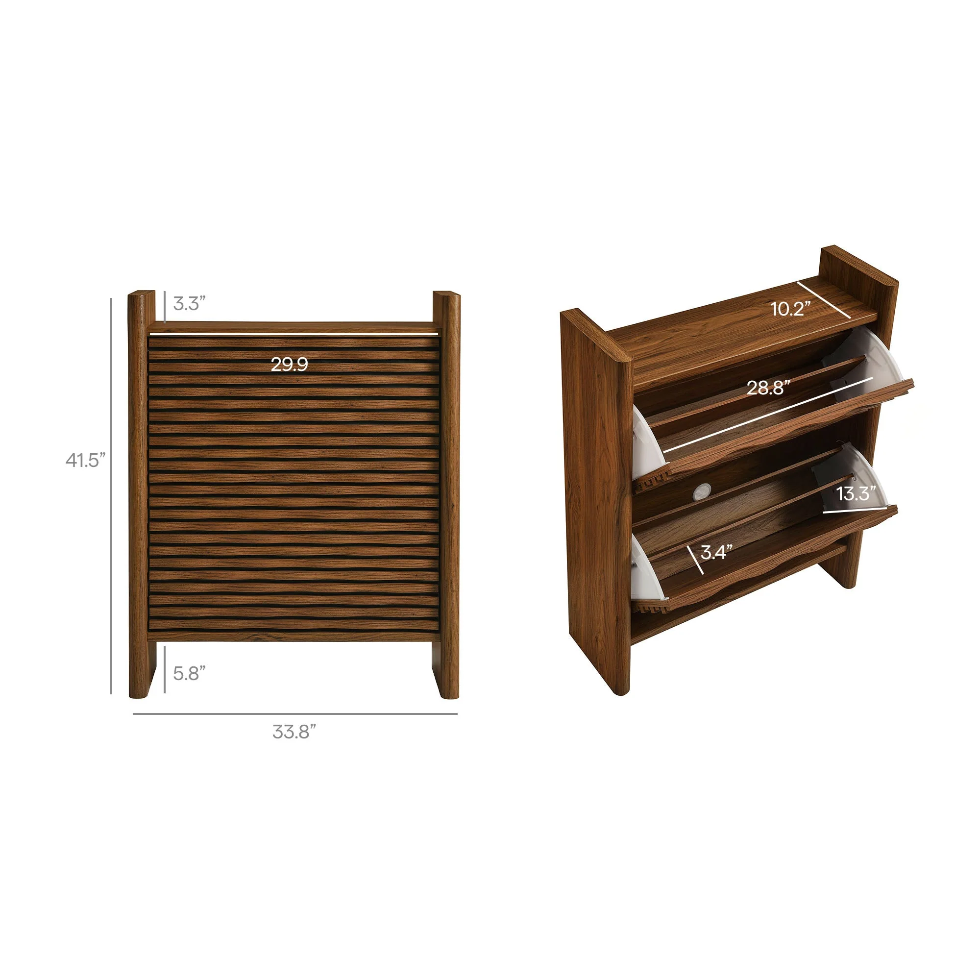 34 Inch Modern Shoe Storage Cabinet with Wave-Pattern Pull-Down Drawers in Walnut - Image 3