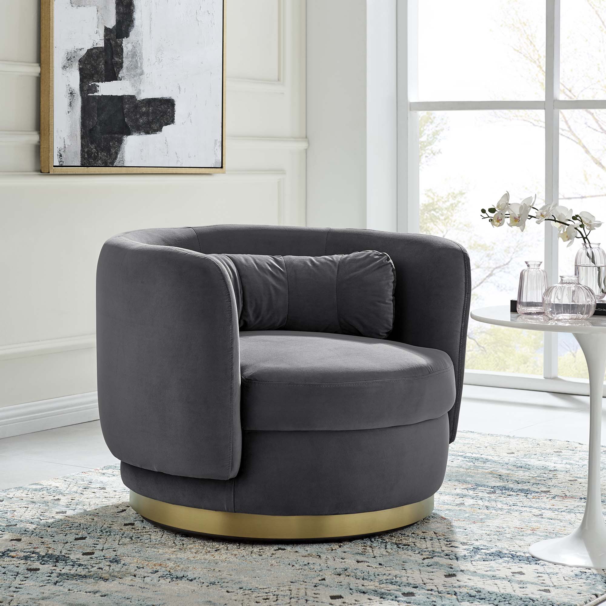 34 Inch Performance Velvet Swivel Accent Chair with Gold Metal Base - Image 6