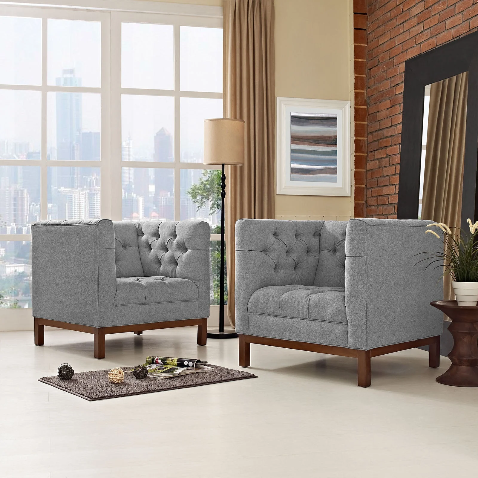 34 Inch Tufted Fabric Armchair Set of 2 with Walnut Beech Wood Legs - Image 5
