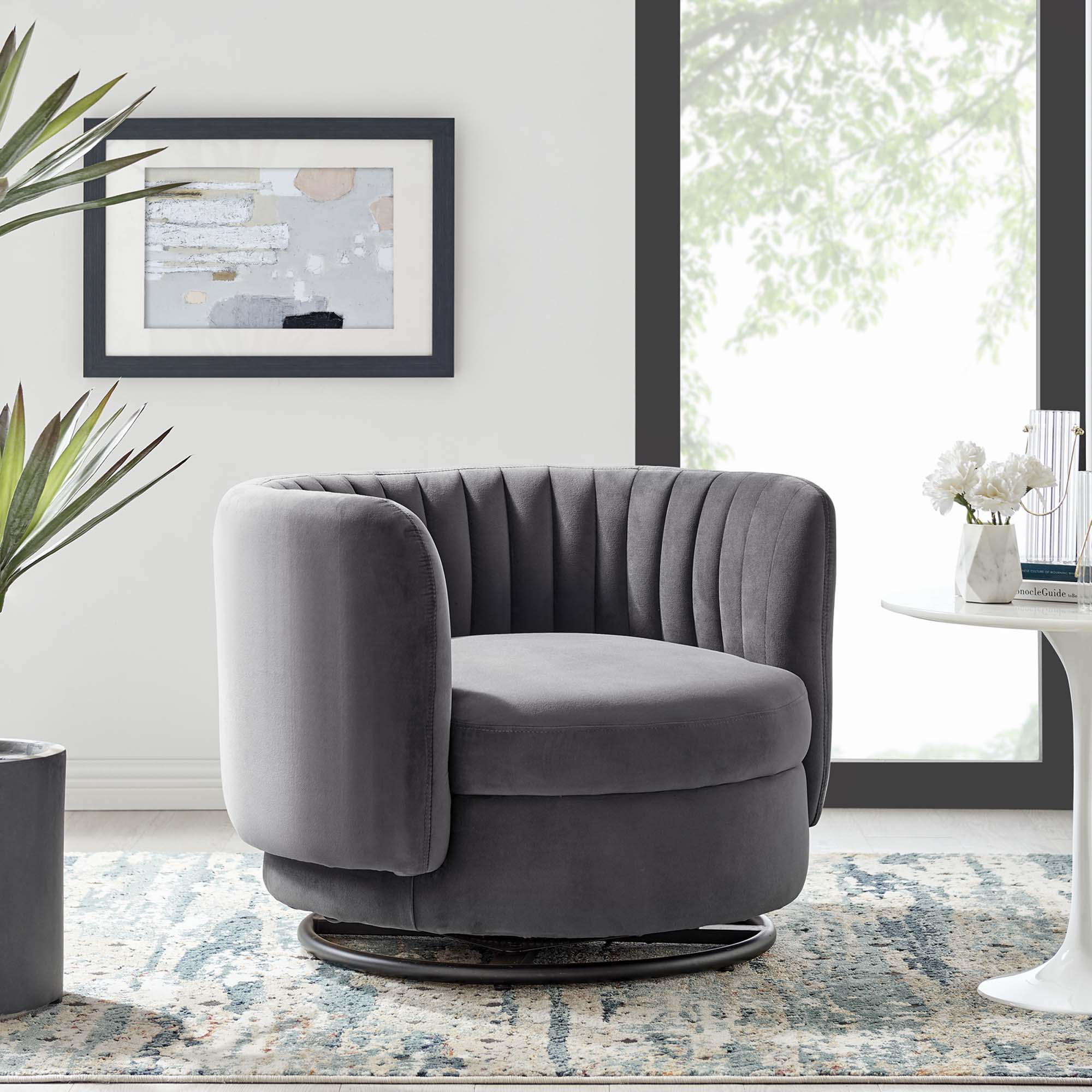 34 Inch Vertical Channel Tufted Performance Velvet Swivel Accent Chair with Black Metal Base - Image 14