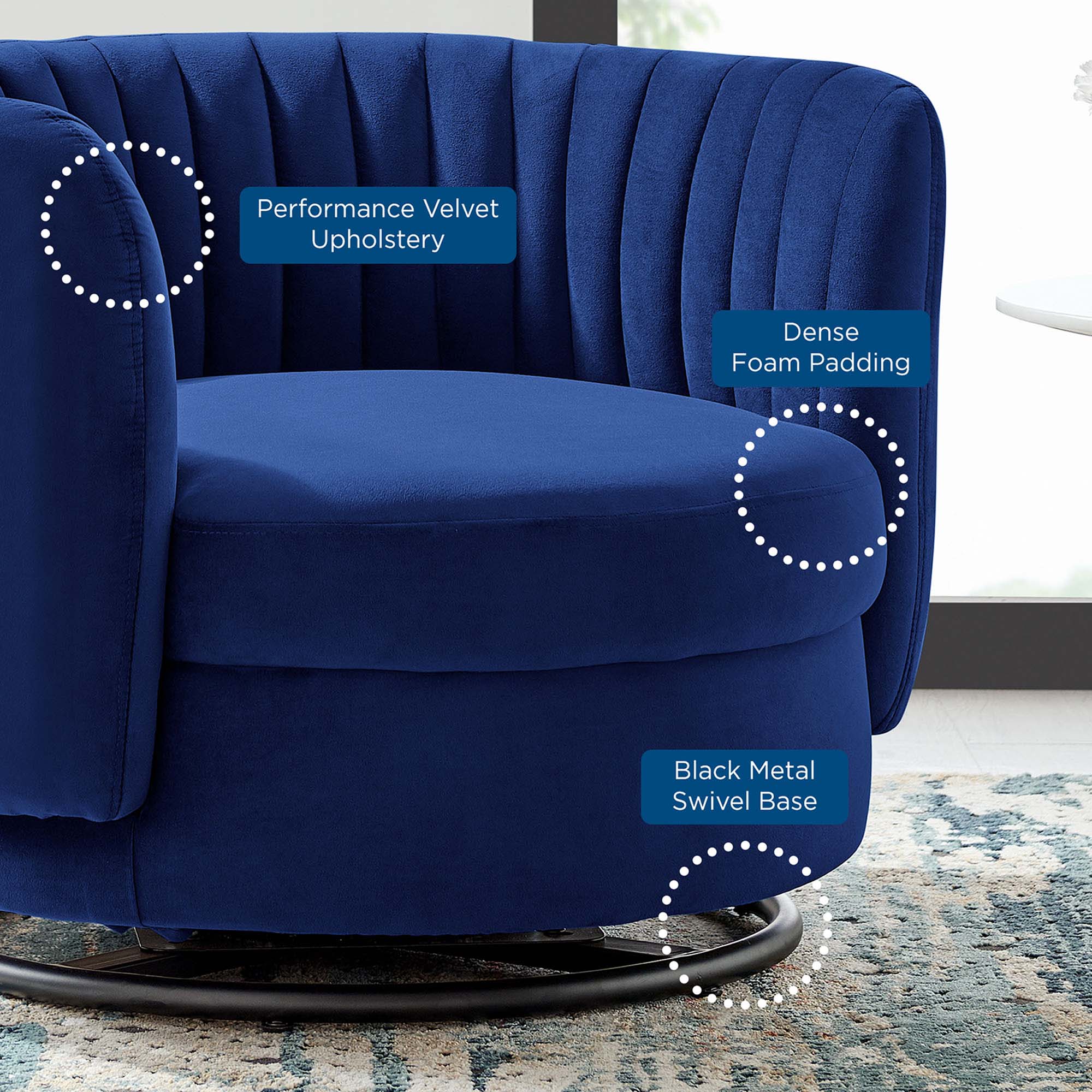 34 Inch Vertical Channel Tufted Performance Velvet Swivel Accent Chair with Black Metal Base - Image 16