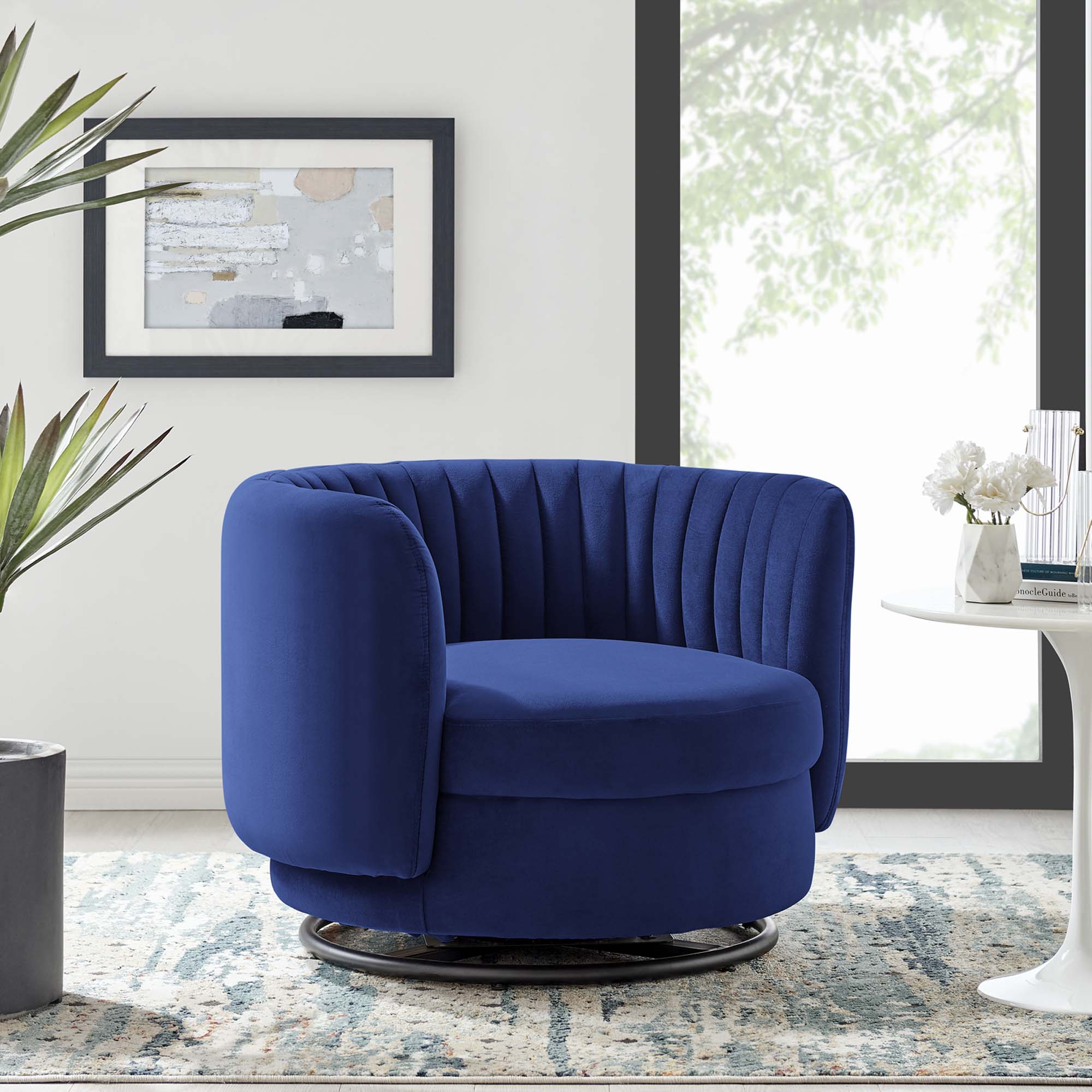 34 Inch Vertical Channel Tufted Performance Velvet Swivel Accent Chair with Black Metal Base - Image 21
