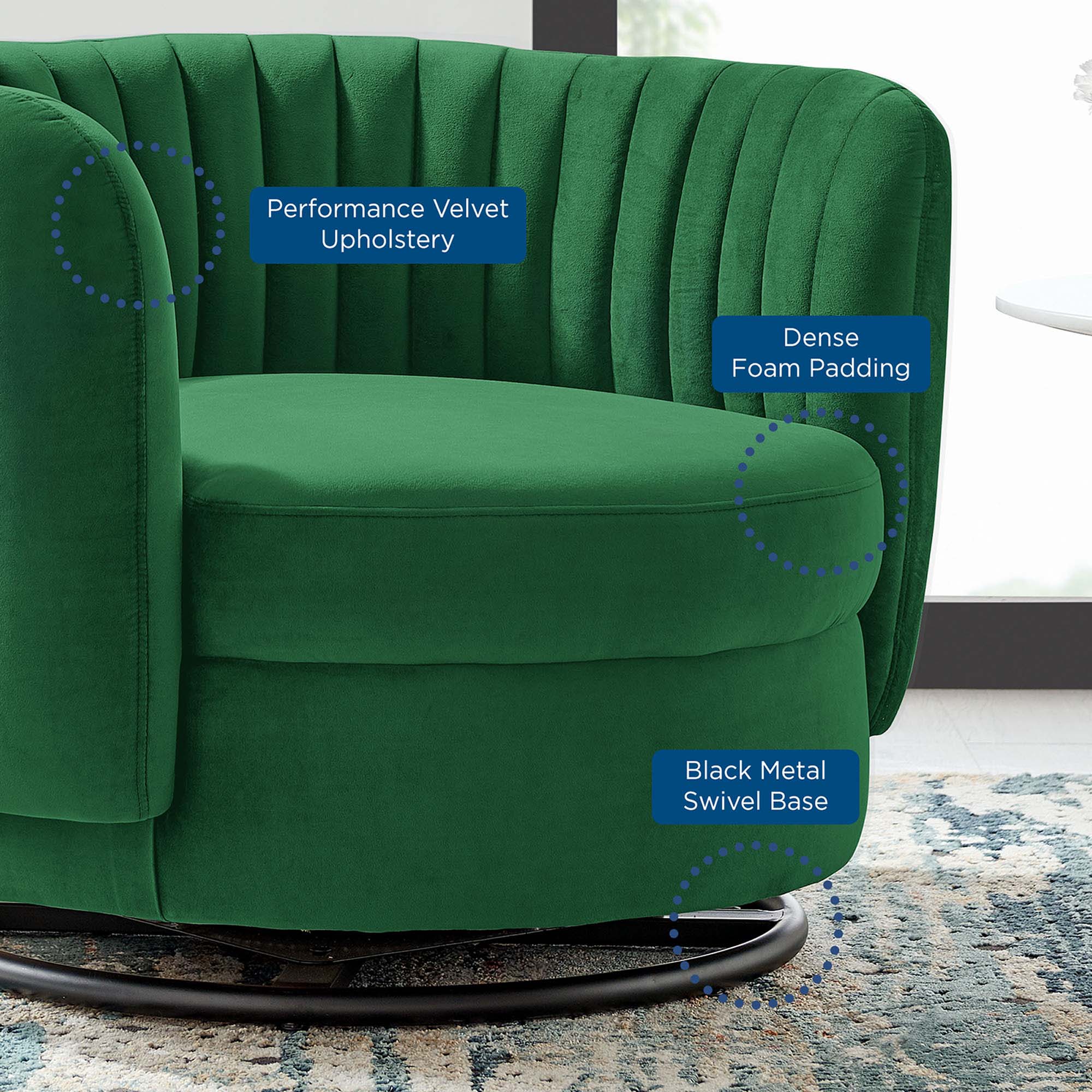 34 Inch Vertical Channel Tufted Performance Velvet Swivel Accent Chair with Black Metal Base - Image 3