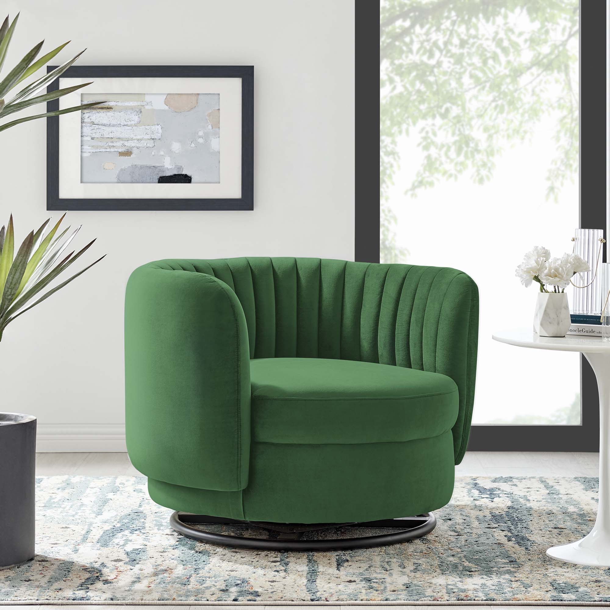 34 Inch Vertical Channel Tufted Performance Velvet Swivel Accent Chair with Black Metal Base - Image 7