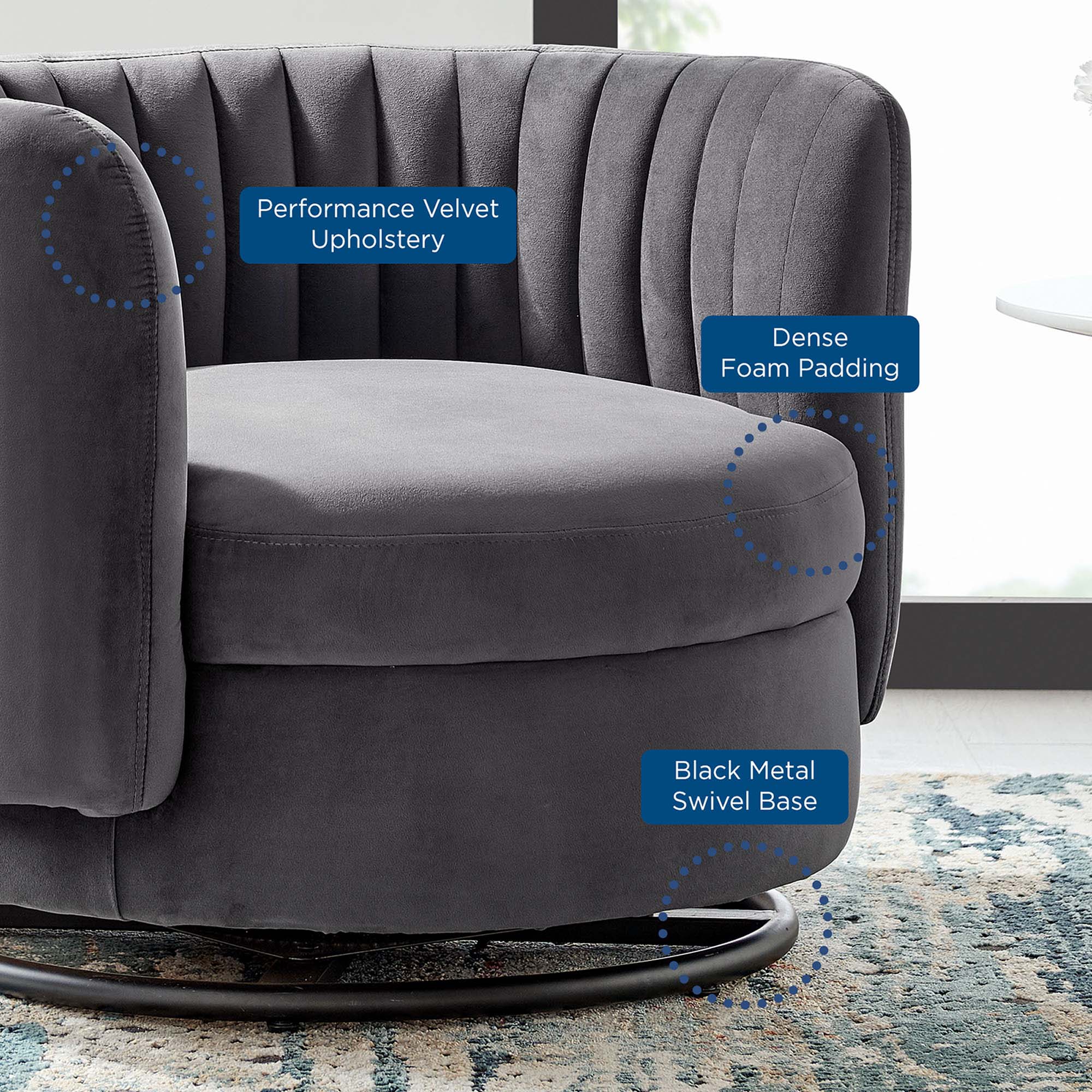 34 Inch Vertical Channel Tufted Performance Velvet Swivel Accent Chair with Black Metal Base - Image 9