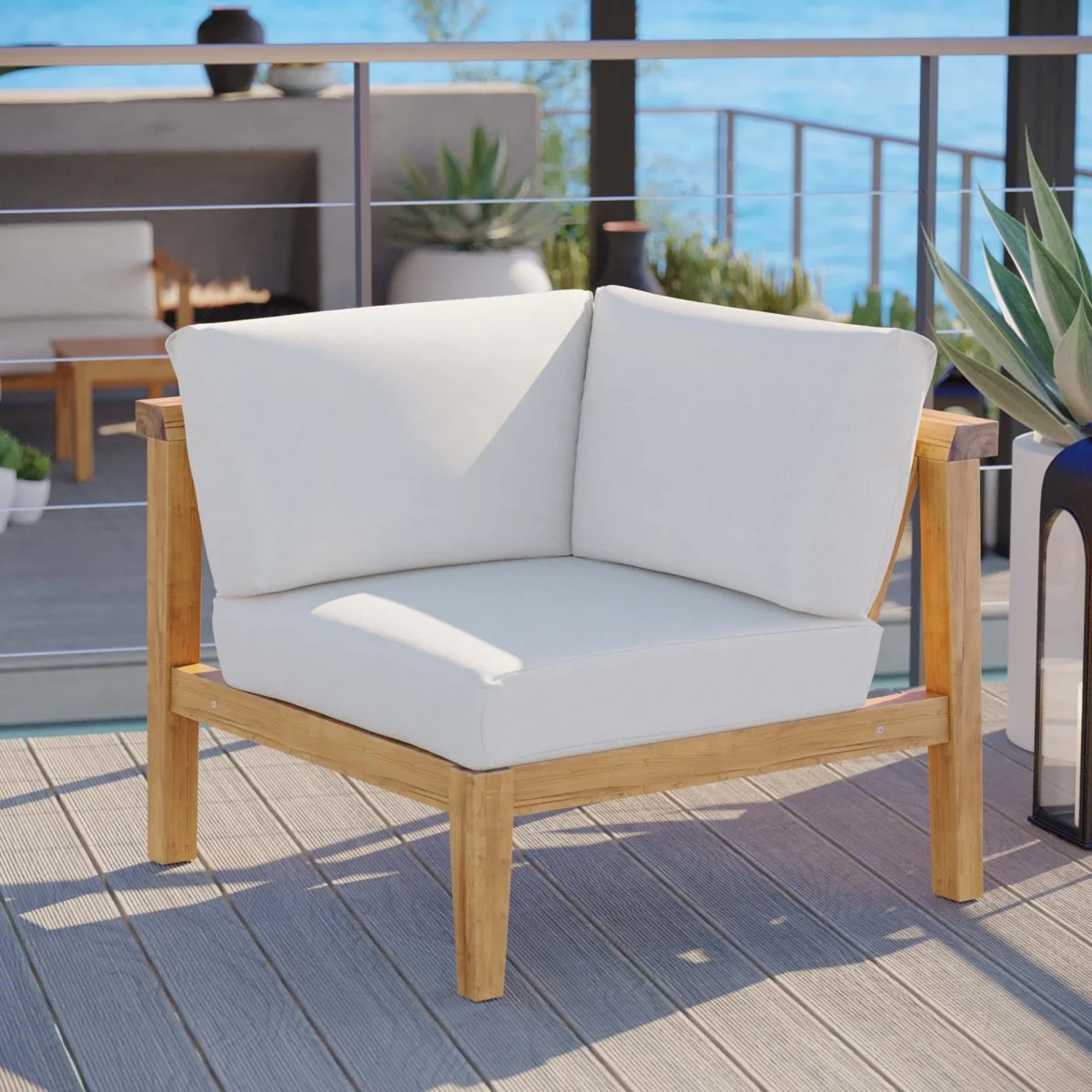 34" Natural Teak Wood Outdoor Corner Chair with White Cushions - Image 8