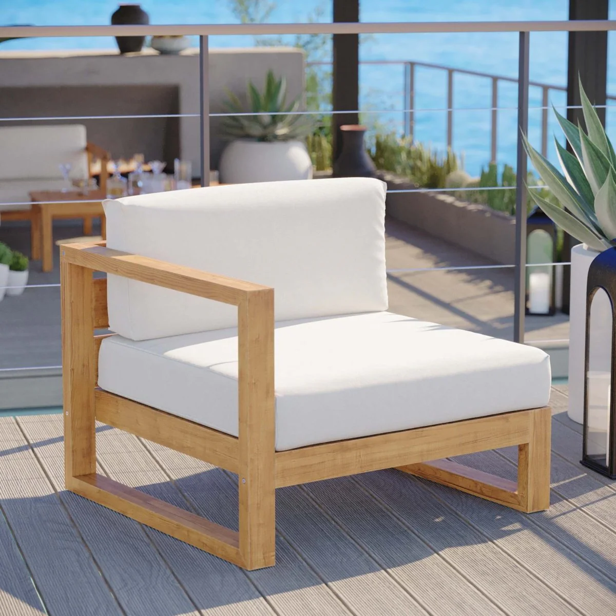 34" Natural White Outdoor Patio Left-Arm Chair – Solid Teak Wood - Image 6