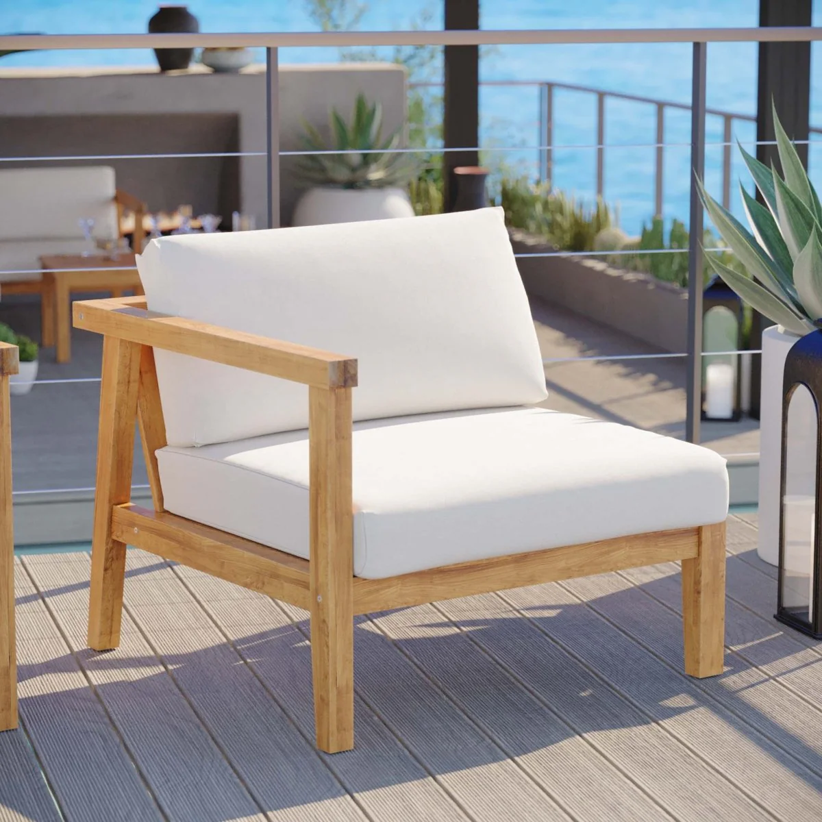 34" Teak Wood Left-Arm Outdoor Chair – Natural and White - Image 6