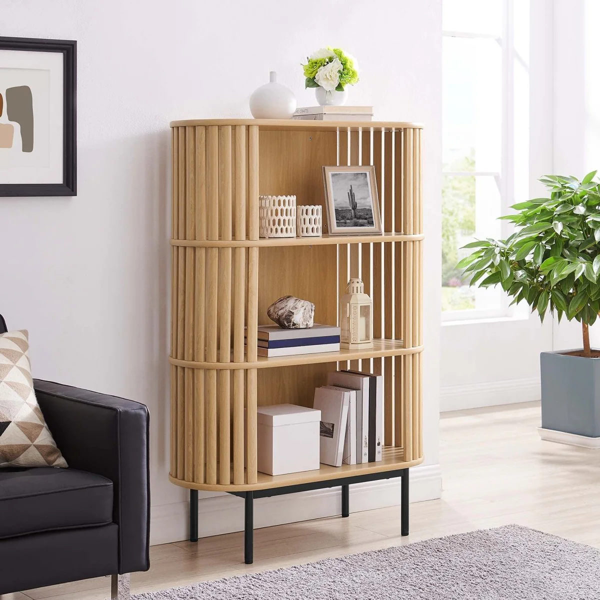 35.5" Three-Tier Display Cabinet Bookshelf with Timber Style Strips - Image 7