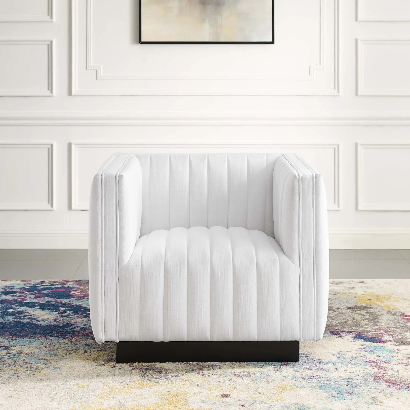 35 Inch Channel Tufted Upholstered Fabric Armchair in White - Image 6