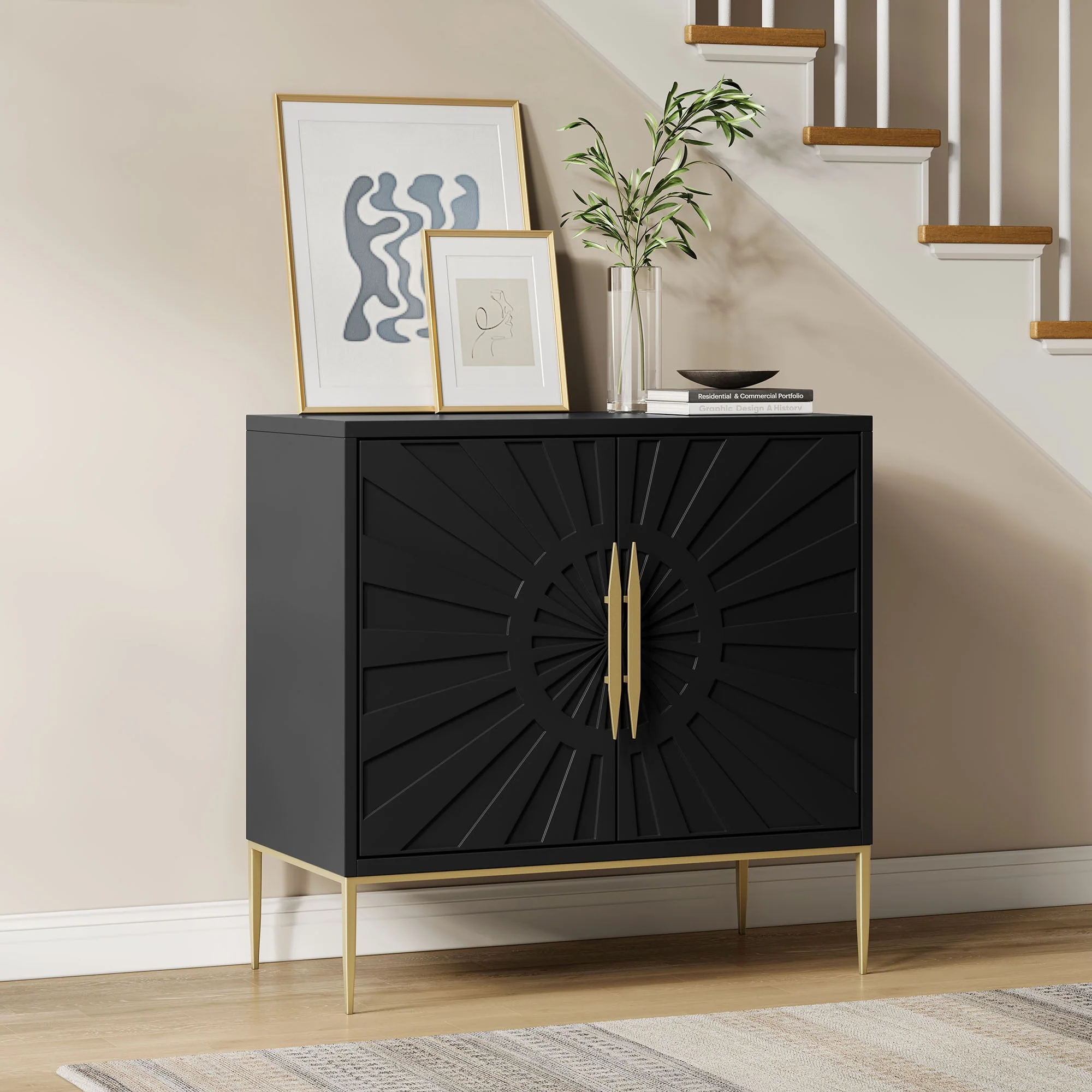 35 Inch Sunburst Design Wood Veneer Accent Cabinet with Gold Metal Base - Image 8