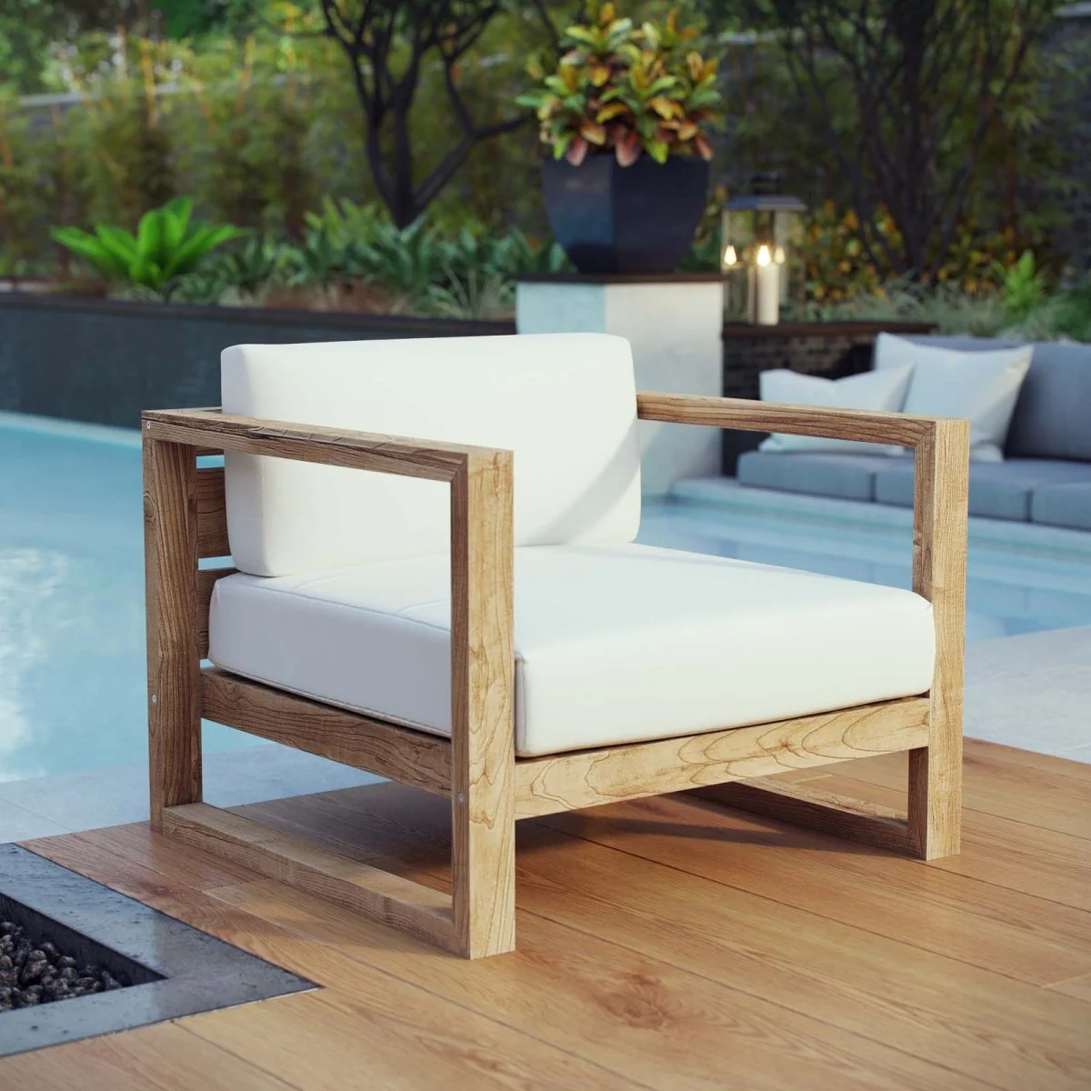 35" Natural Teak Outdoor Patio Armchair with White Cushions - Image 5