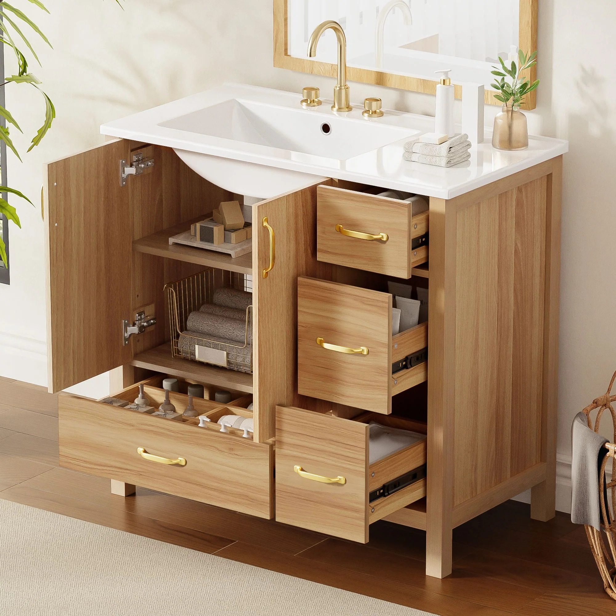 36" Bathroom Vanity, 2 Soft Close Doors, 4 Soft Close Drawers, Adjustable Shelf, Storage Cabinet - Acacia Wood - Image 7