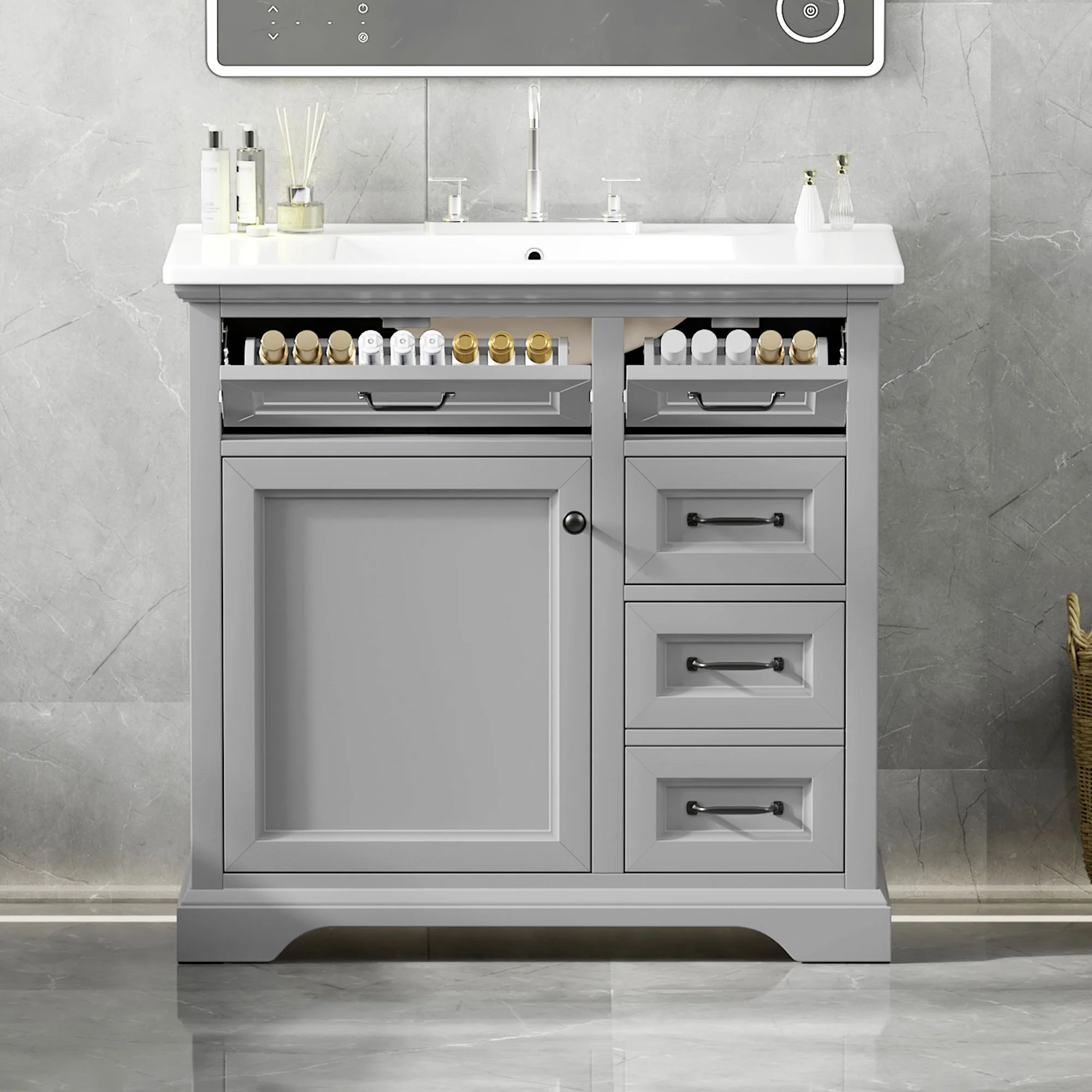 36" Bathroom Vanity With Sink, 2 Tip-Out Drawers, Soft Close Hinges - Image 6