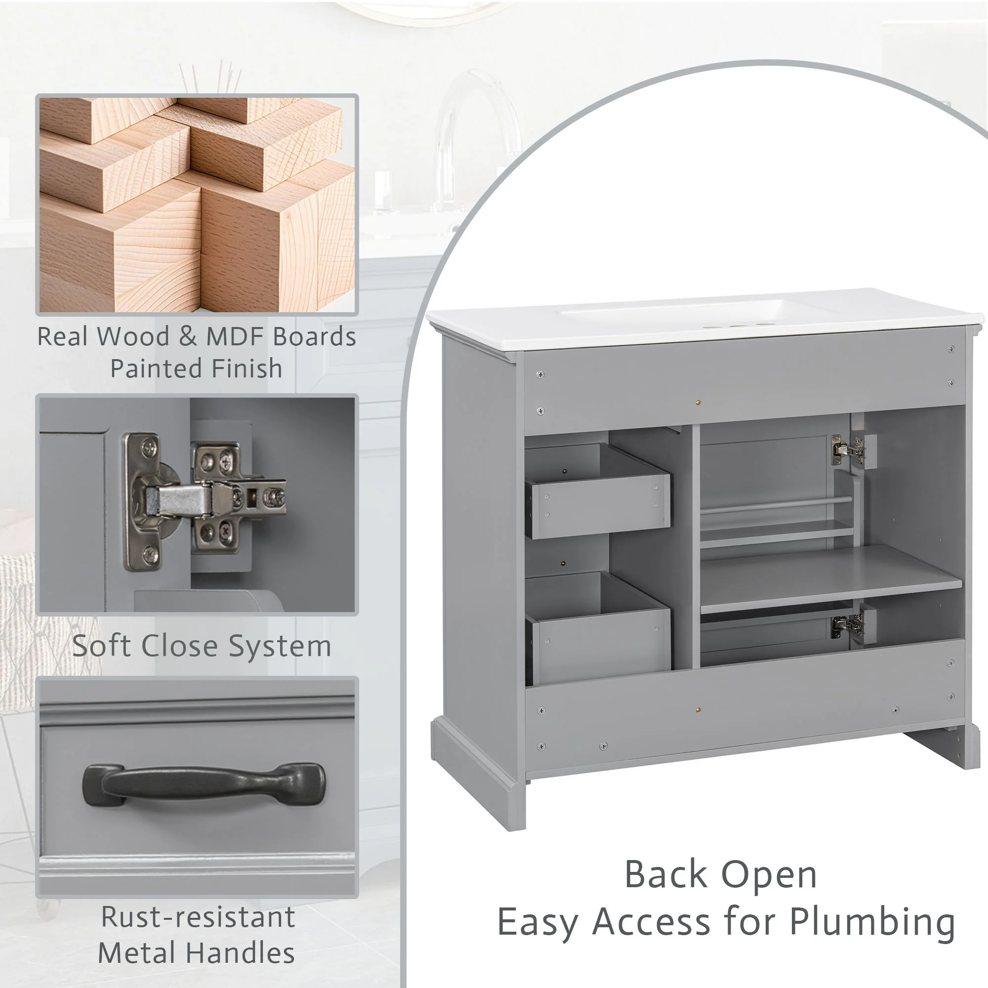36" Bathroom Vanity With Sink, 2 Tip-Out Drawers, Soft Close Hinges - Image 9