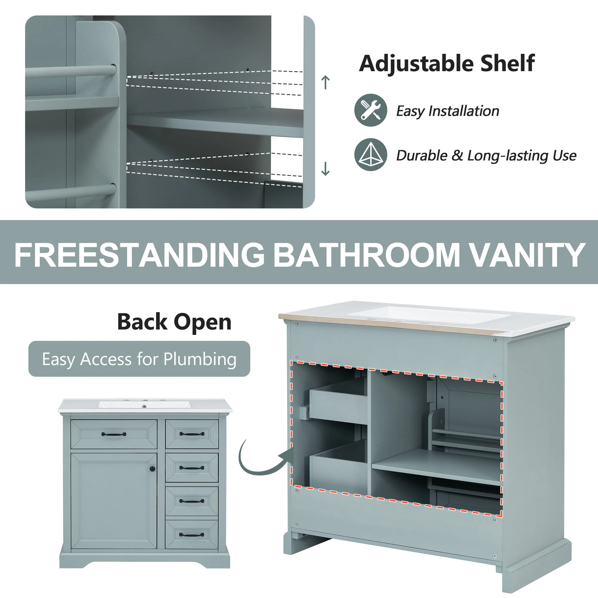 36" Bathroom Vanity With Sink, 2 Tip Out Drawers, Soft Close Hinges - Image 8