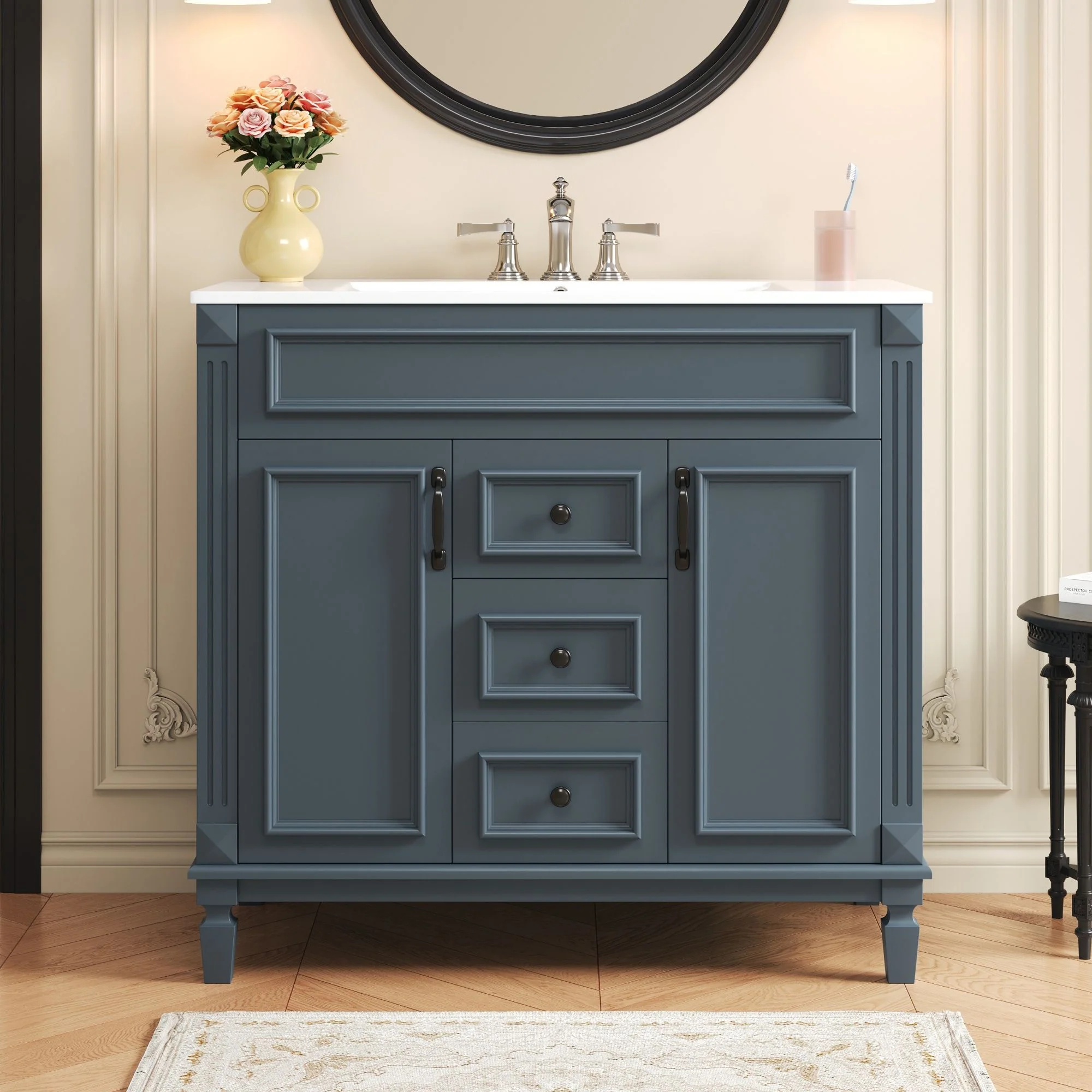 36" Bathroom Vanity With Top Sink, Basin On Cabinet With 2 Soft Closing Doors And 2 Drawers - Blue - Image 2