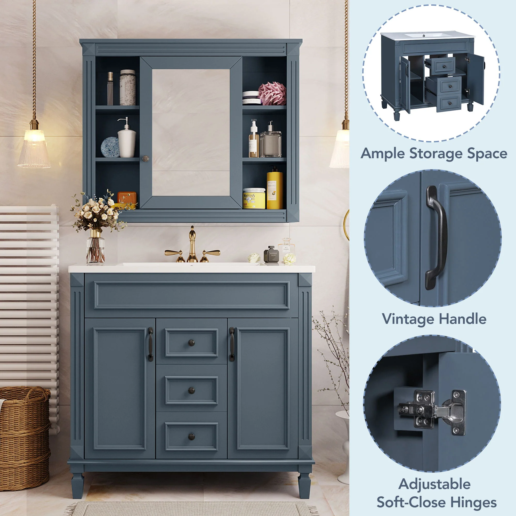 36" Bathroom Vanity With Top Sink, Basin On Cabinet With 2 Soft Closing Doors And 2 Drawers - Blue - Image 7