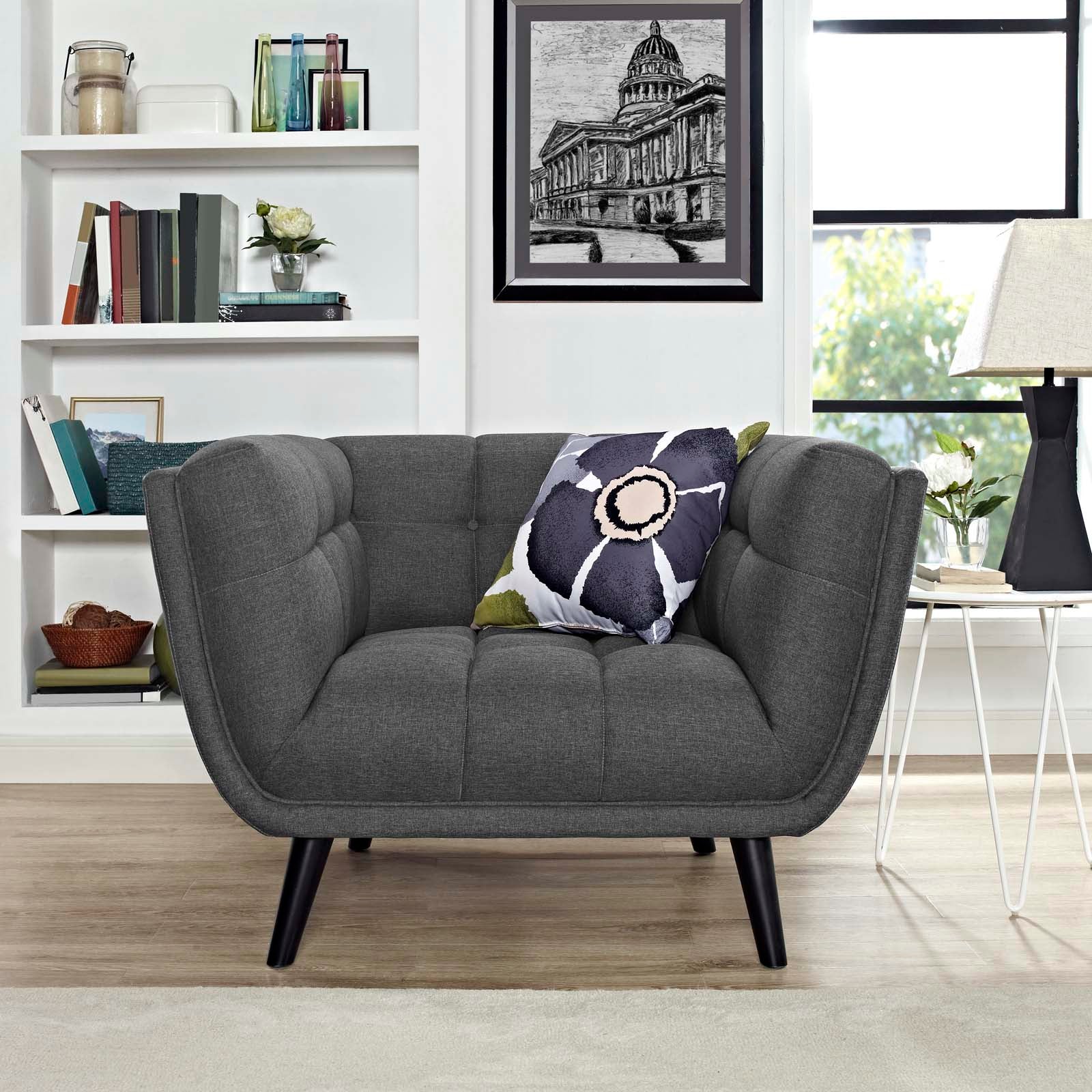 36 Inch Button Tufted Upholstered Fabric Armchair in Gray - Image 4