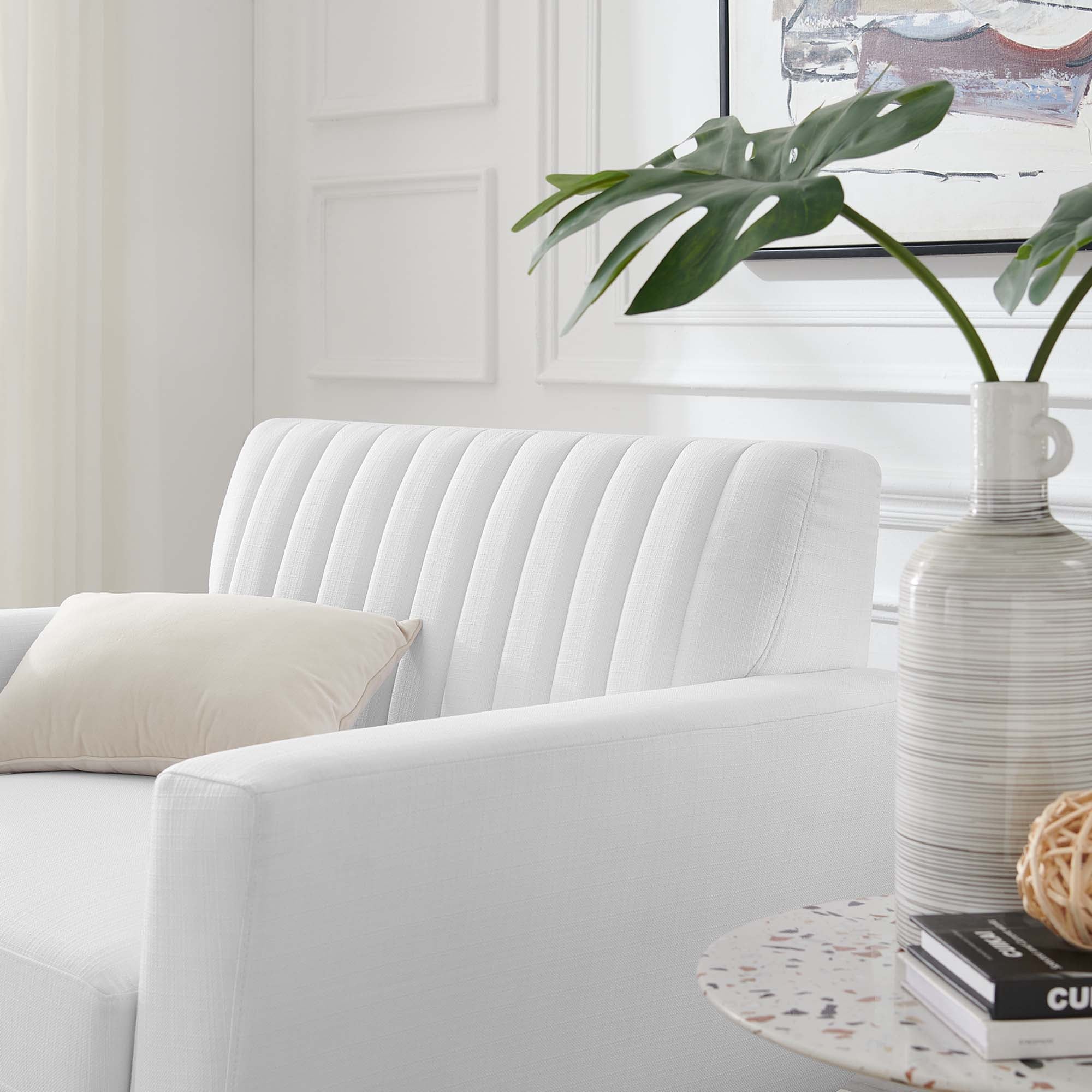 36 Inch Channel Tufted Upholstered Fabric Armchair in White - Image 3