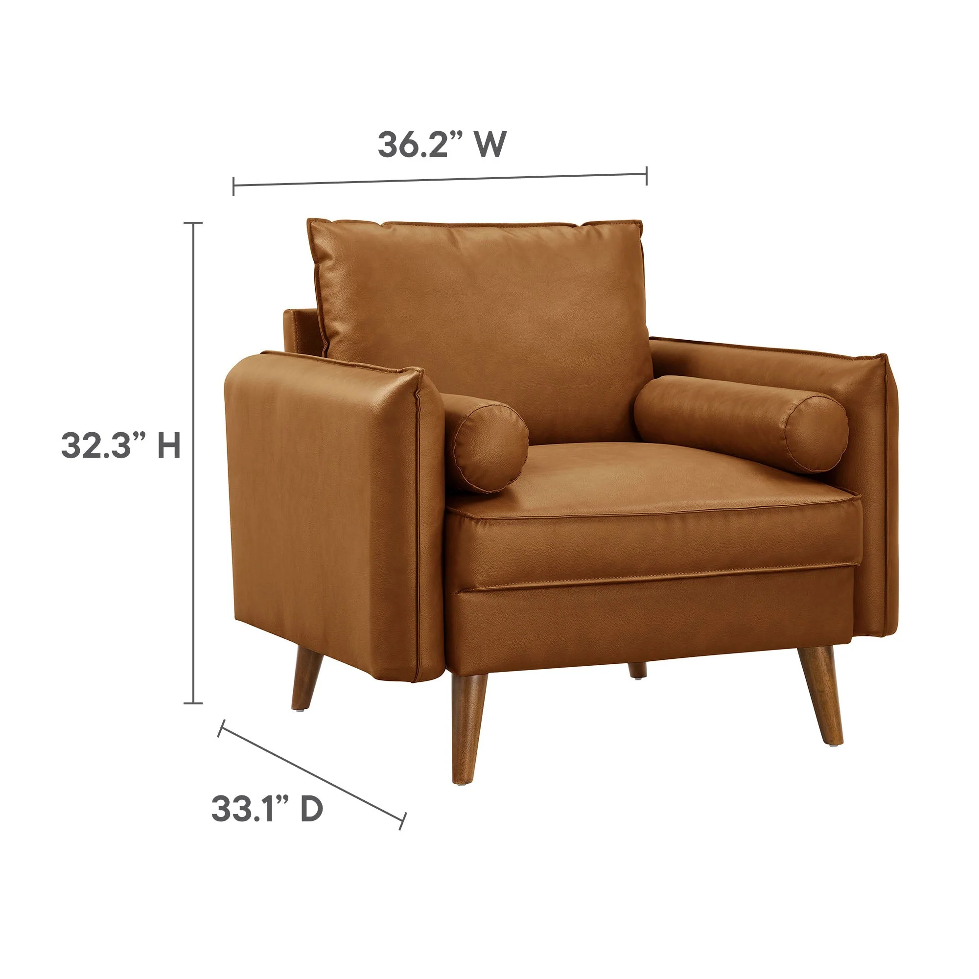 36 Inch Mid-Century Modern Vegan Leather Accent Armchair with Bolster Pillows and Splayed Wood Legs - Image 10