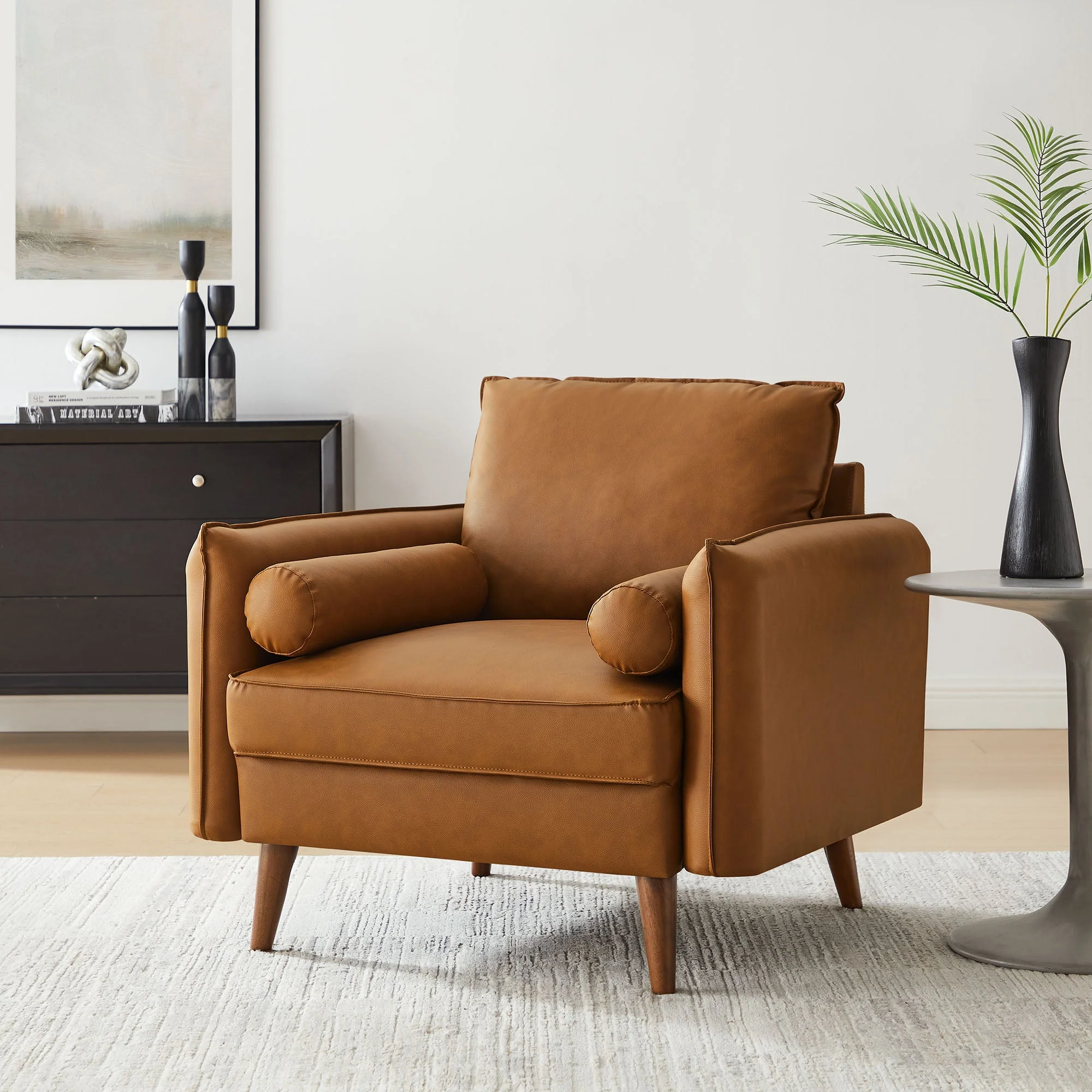 36 Inch Mid-Century Modern Vegan Leather Accent Armchair with Bolster Pillows and Splayed Wood Legs - Image 14