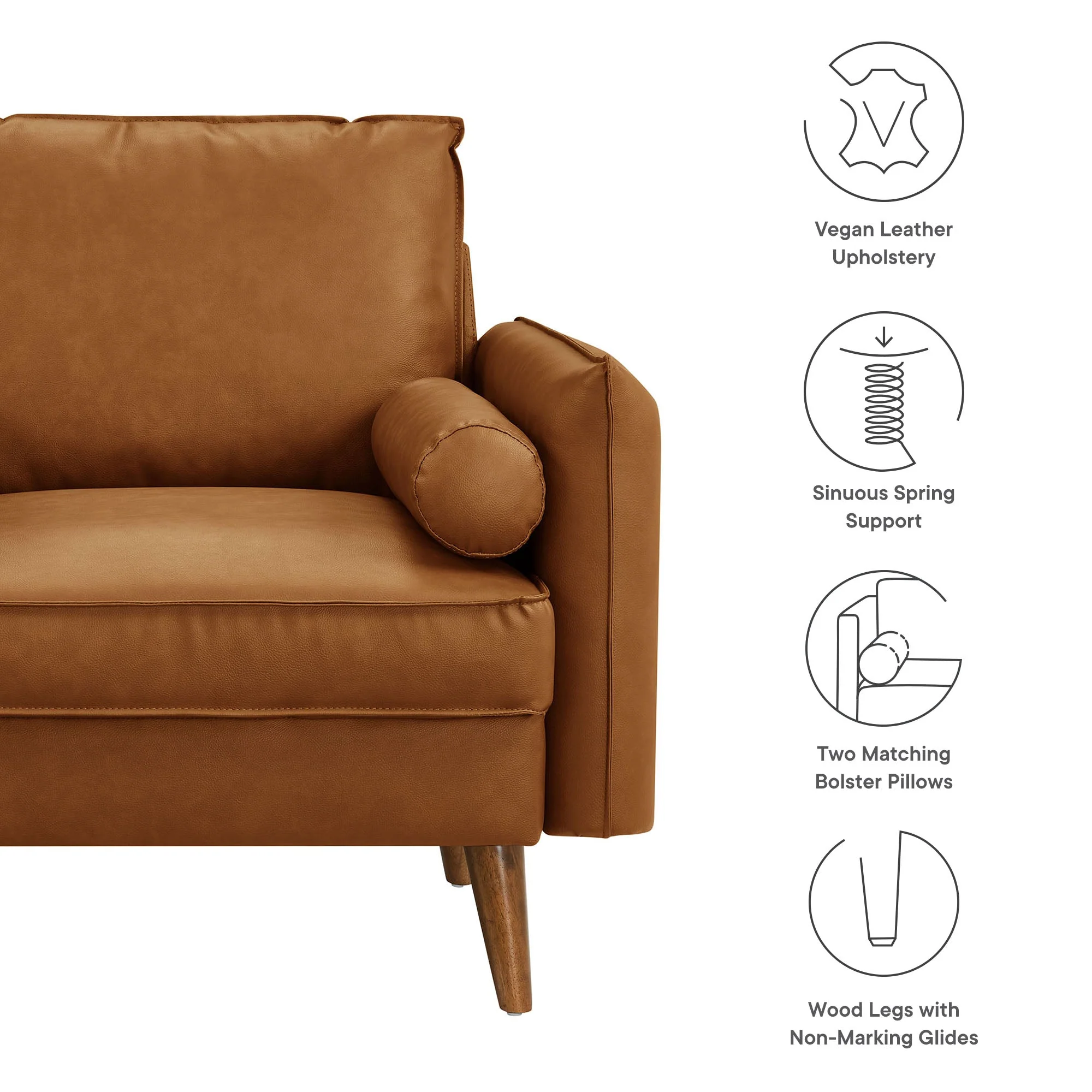 36 Inch Mid-Century Modern Vegan Leather Accent Armchair with Bolster Pillows and Splayed Wood Legs - Image 9