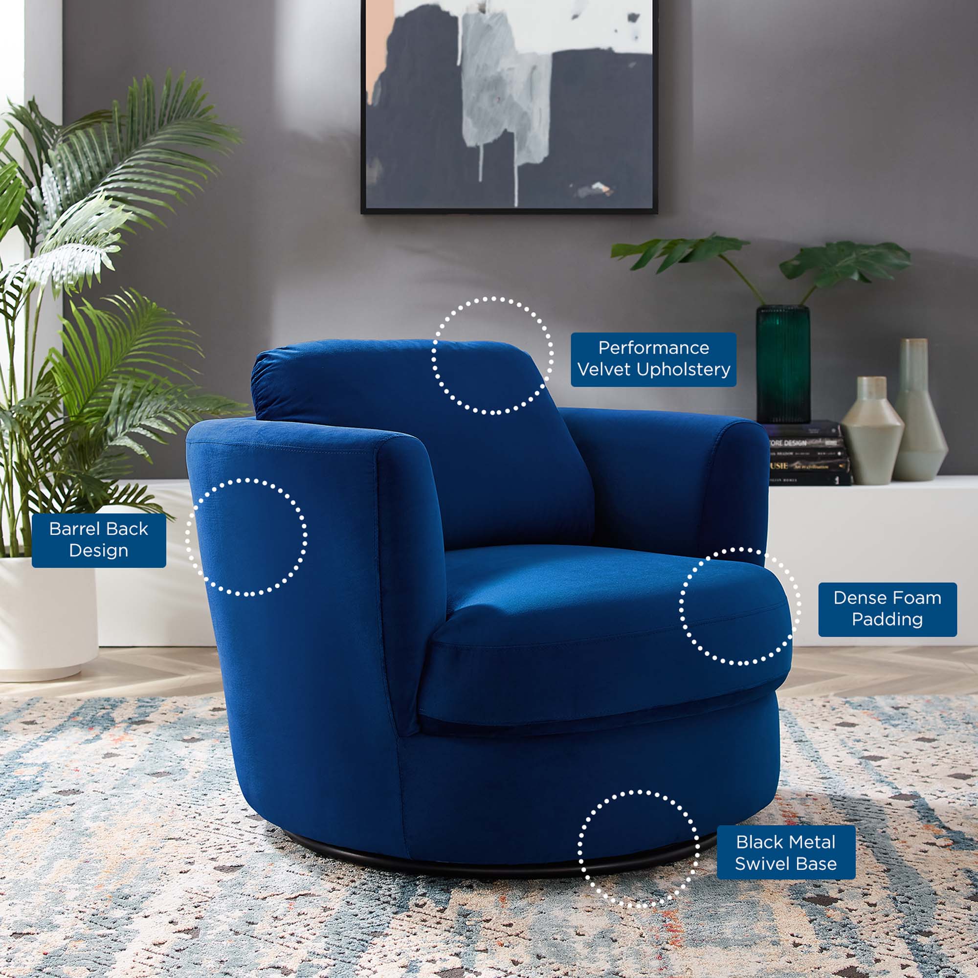 36 Inch Performance Velvet Swivel Barrel Armchair - Image 9