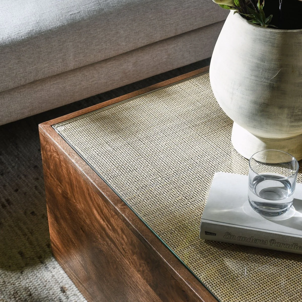 36 Inch Square Wood and Rattan Coffee Table with Glass Top in Walnut - Image 4