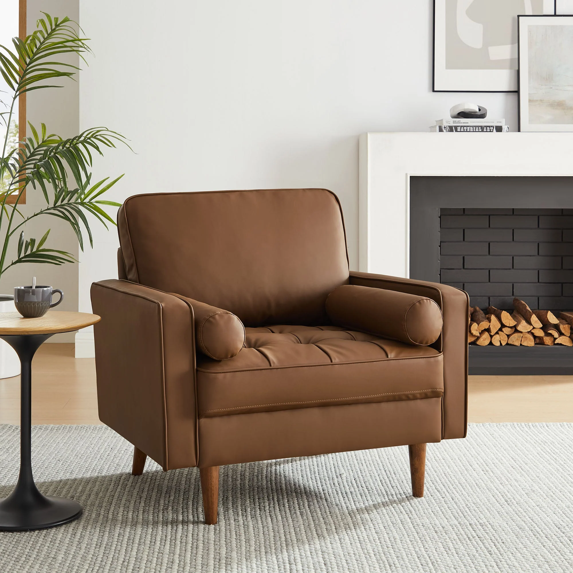 36 Inch Tufted Vegan Leather Accent Armchair with Bolster Pillows - Image 7