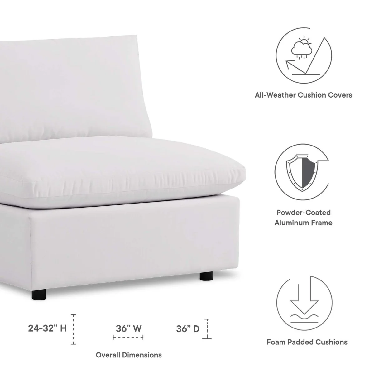 36" Overstuffed Outdoor Patio Armless Chair with Deep Cushioned Seat and Weather-Resistant - Image 2