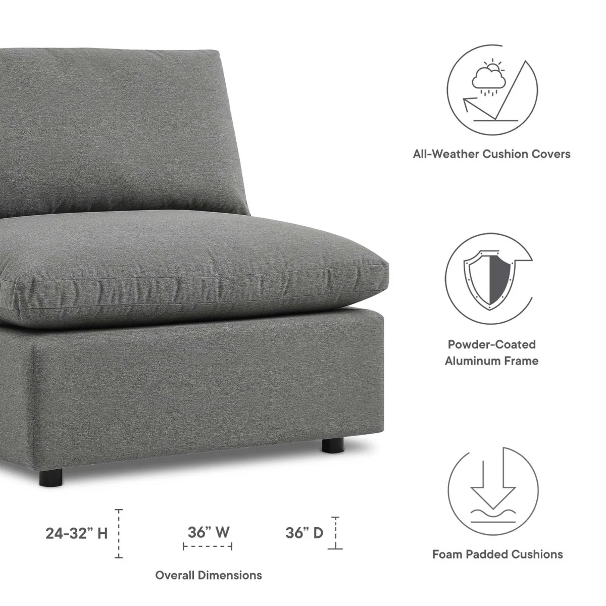 36" Overstuffed Outdoor Patio Armless Chair with Deep Cushioned Seat and Weather-Resistant - Image 9