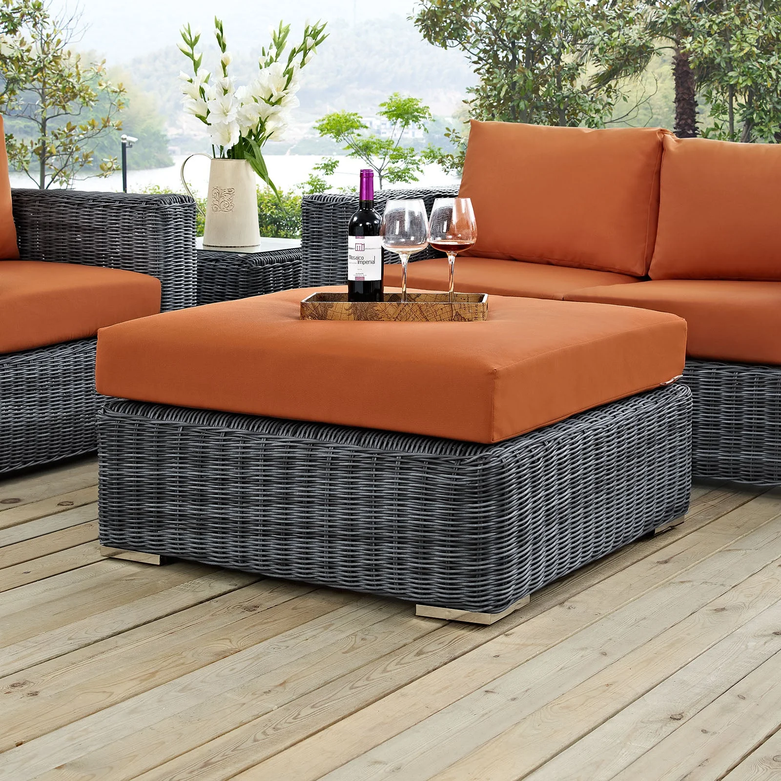 36" Tuscan Orange Outdoor Patio Square Ottoman with Sunbrella® Cushion - Image 3