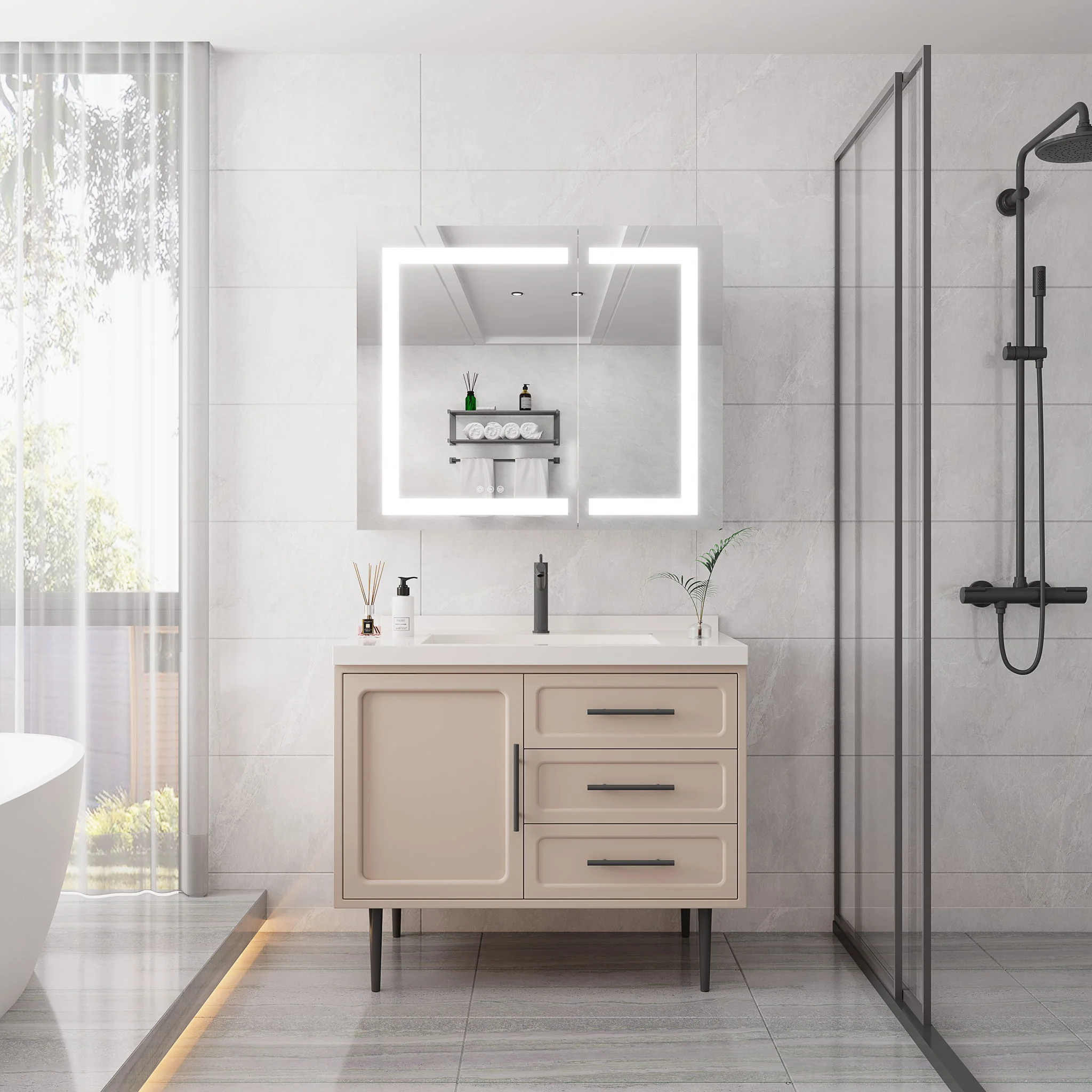 36" X 30" Medicine Cabinet With LED Vanity Mirror, Anti-Fog Recessed Or Surface Mount Bathroom Double Door Large Storage 3000K~6000K Bright Lighted Aluminum Storage Cabinet With Touch Switch - Silver - Image 3
