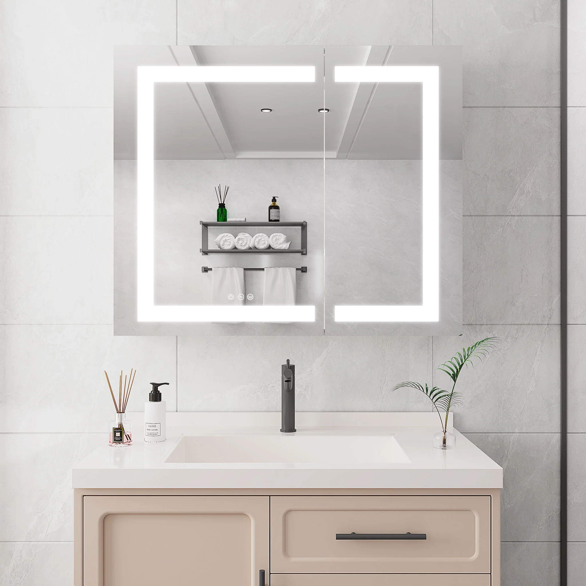 36" X 30" Medicine Cabinet With LED Vanity Mirror, Anti-Fog Recessed Or Surface Mount Bathroom Double Door Large Storage 3000K~6000K Bright Lighted Aluminum Storage Cabinet With Touch Switch - Silver - Image 9