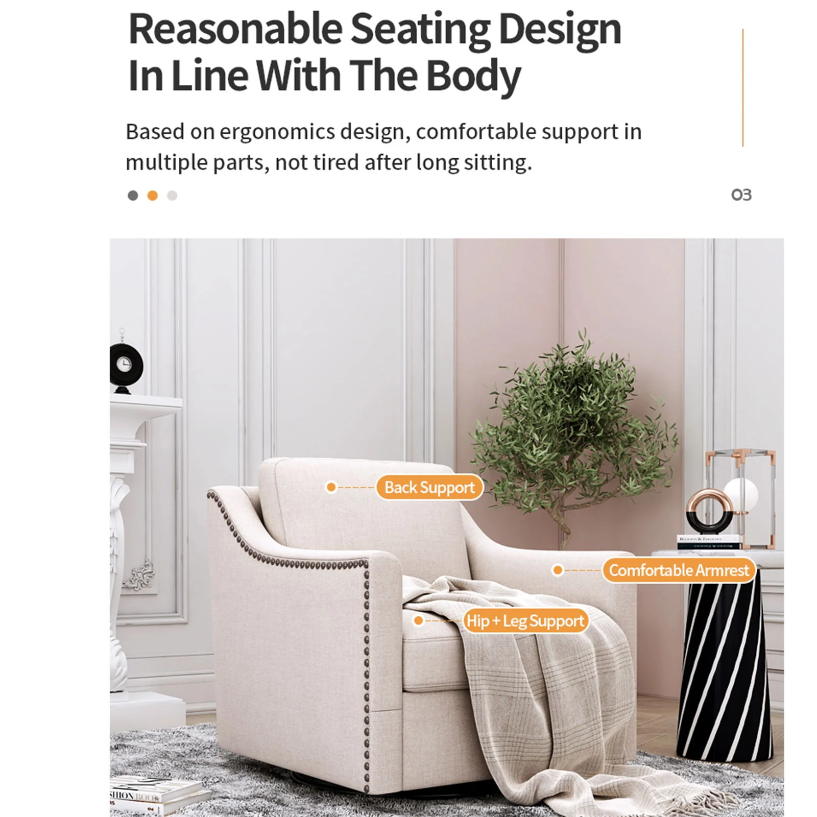 360 Degree Swivel Armchair, Skin Friendly Fabric, Ergonomic Design, Brass Nail Decorative Armchair - Image 5