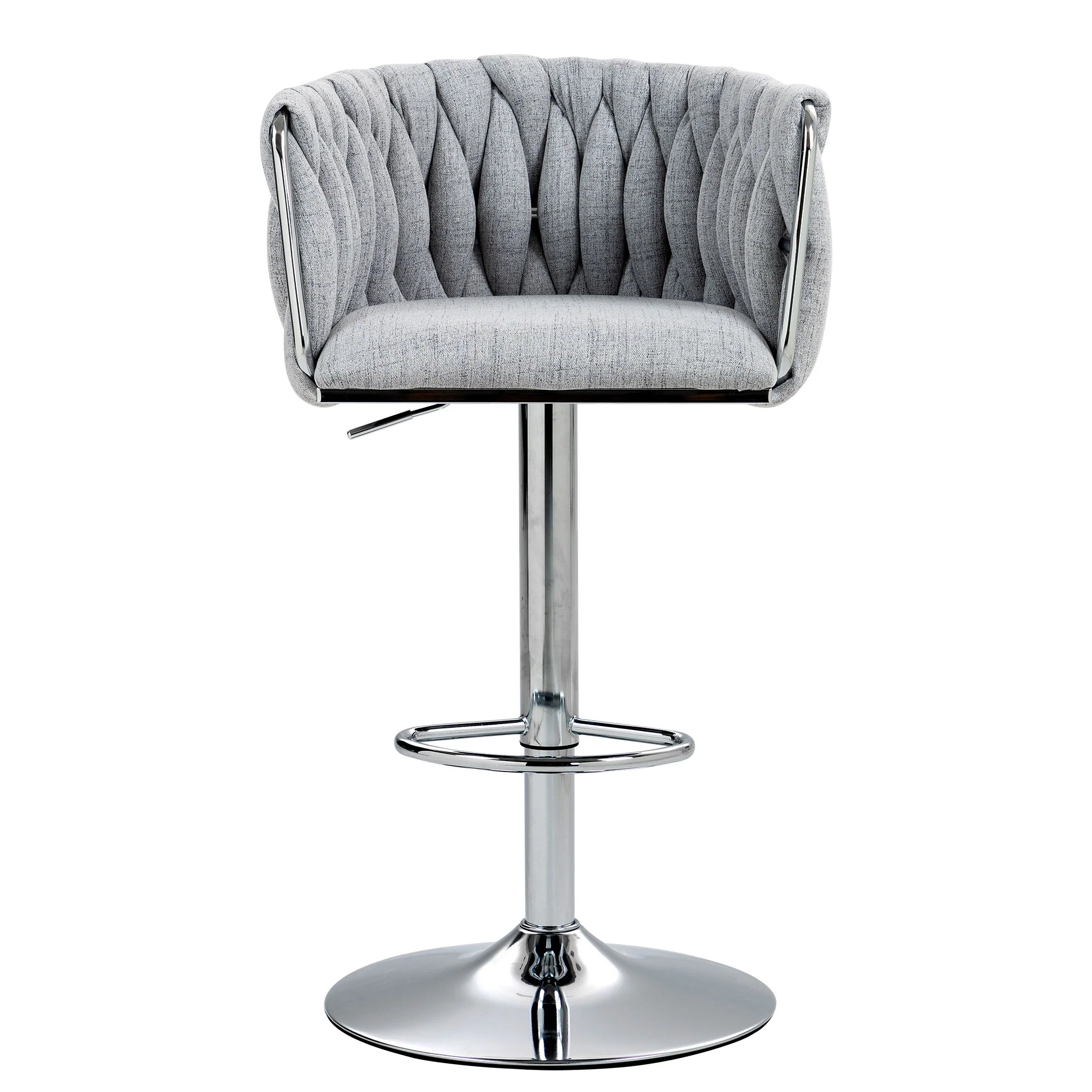 360 Degree Swivel Bar Stools Adjustable Counter Height Bar Chairs With Woven Back & Footrest, Silver Chromed Bar Stools For Kitchen Island (Set of 2) - Gray - Image 7