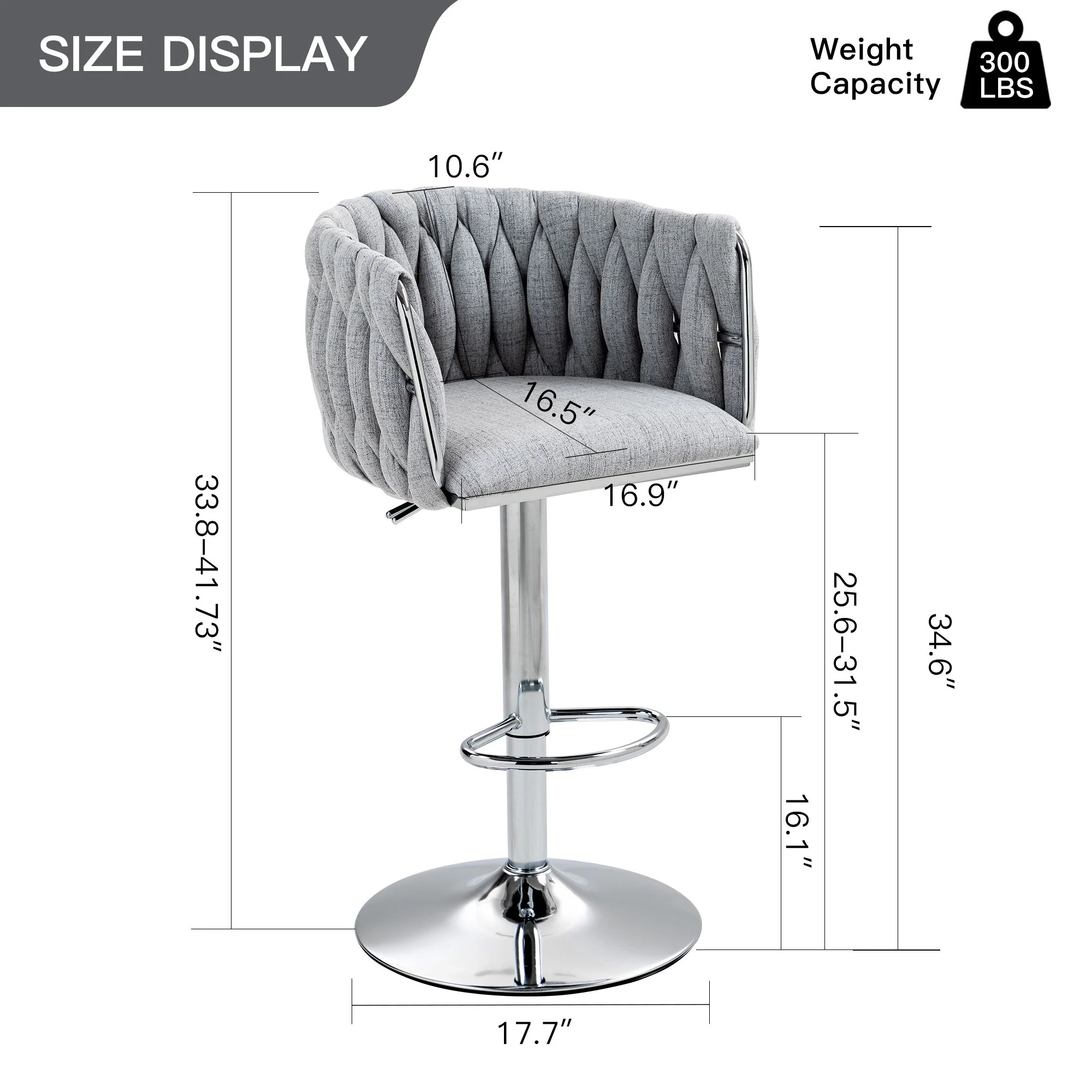 360 Degree Swivel Bar Stools Adjustable Counter Height Bar Chairs With Woven Back & Footrest, Silver Chromed Bar Stools For Kitchen Island (Set of 2) - Gray - Image 8