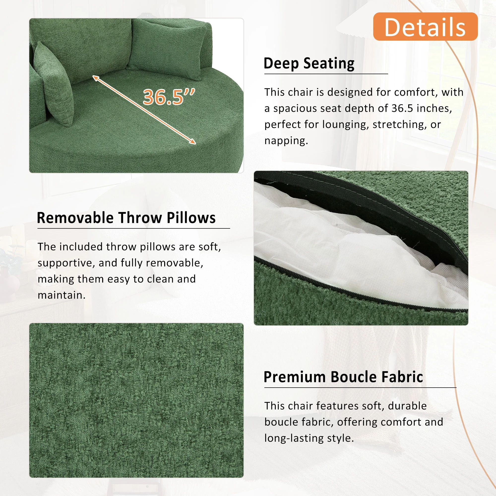 360° Swivel Accent Barrel Chair With 3 Removable Pillows For Living Room - Image 9