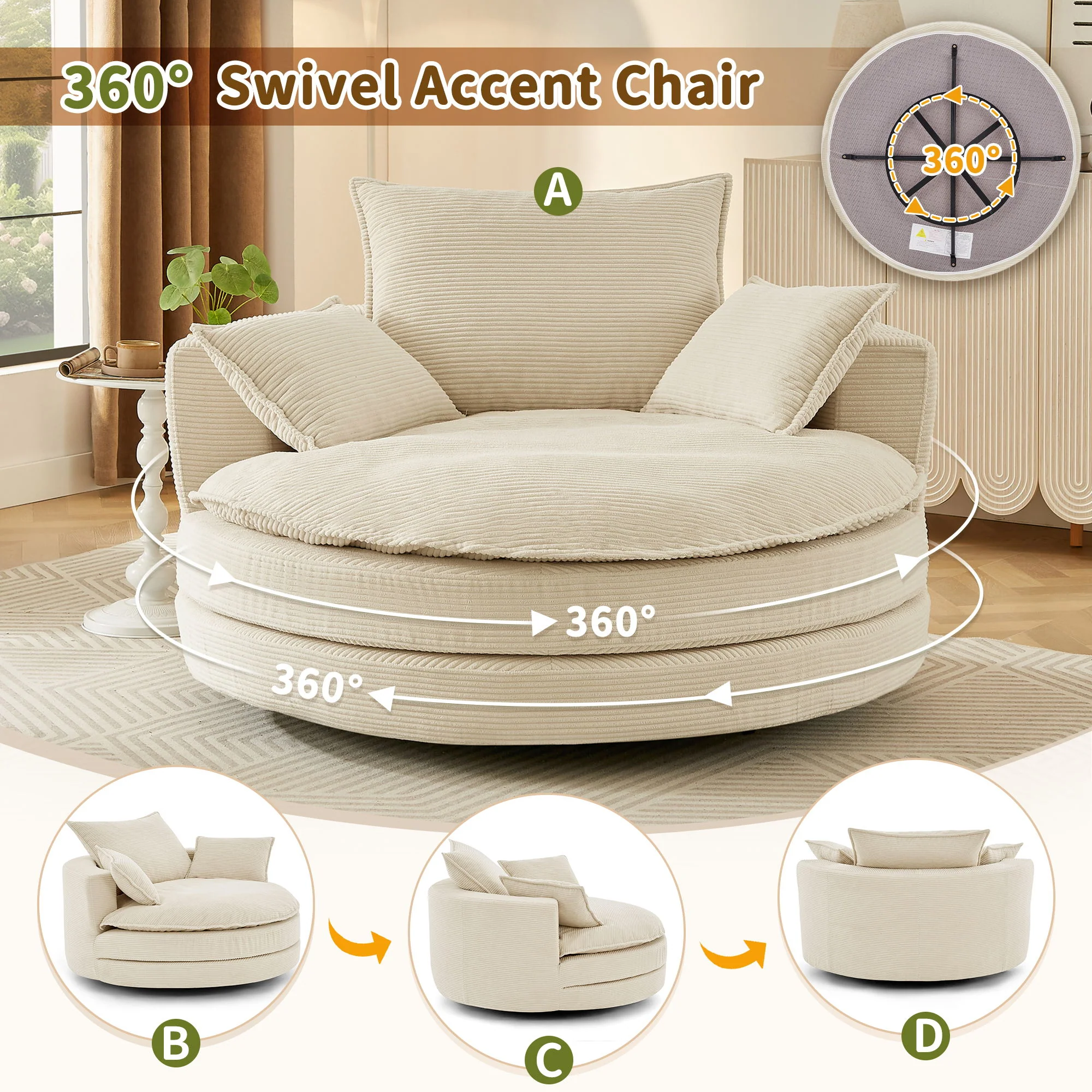 360° Swivel Accent Barrel Chair With Dual Layer Cushion And 3 Removable Pillows - Image 11