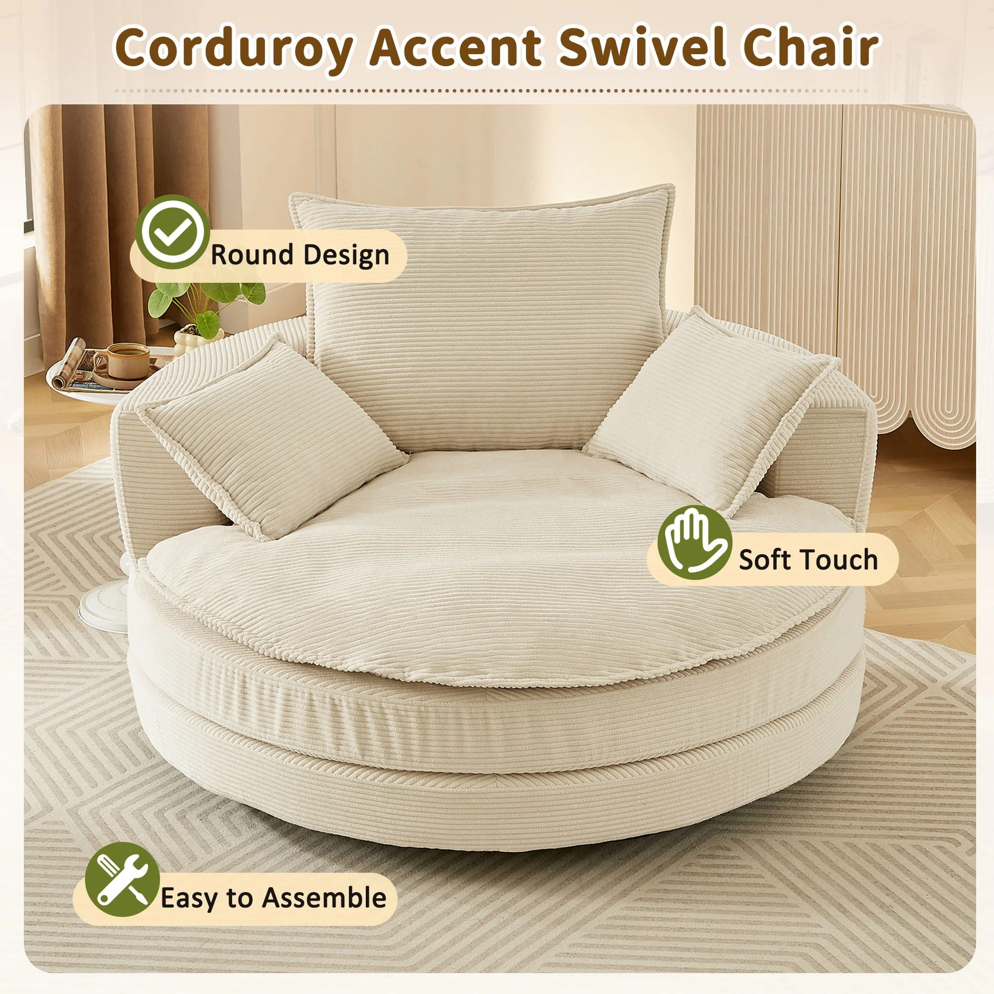 360° Swivel Accent Barrel Chair With Dual Layer Cushion And 3 Removable Pillows - Image 13