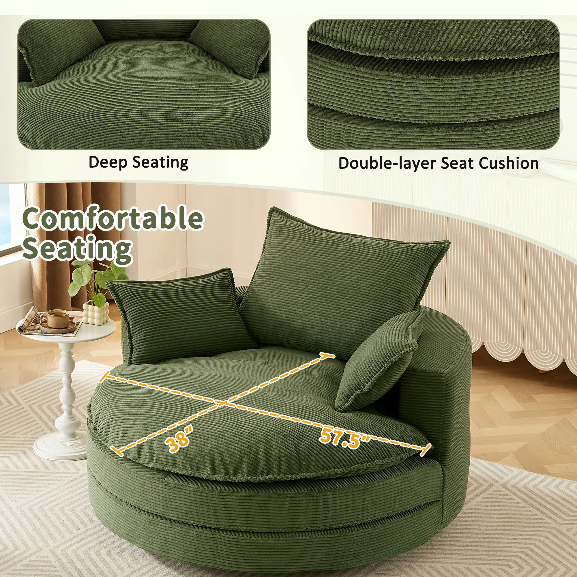 360° Swivel Accent Barrel Chair With Dual Layer Cushion And 3 Removable Pillows - Image 44