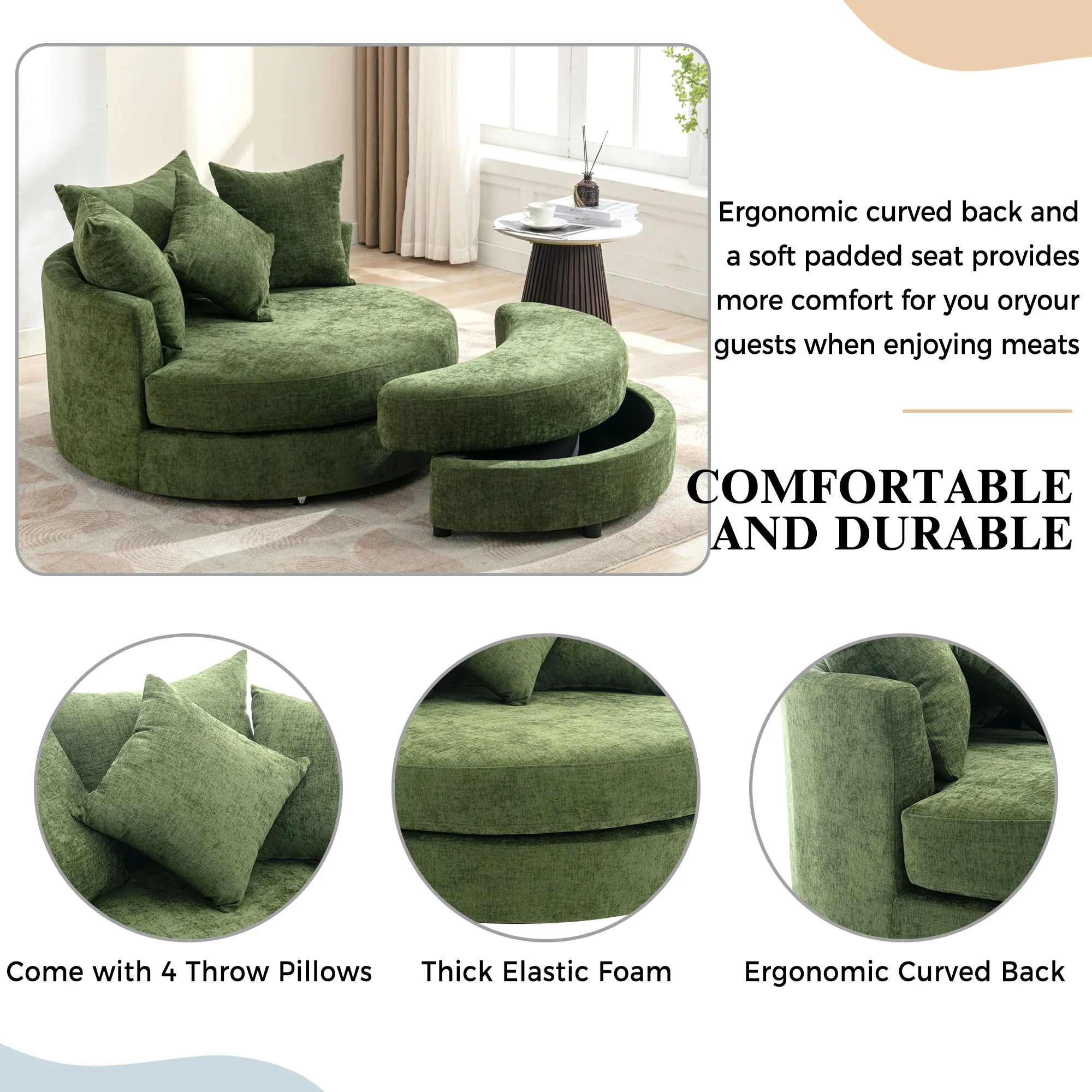 360° Swivel Accent Barrel Chair With Storage Ottoman & 4 Pillows, Modern Leisure Chair Round Accent For Living Room - Image 9