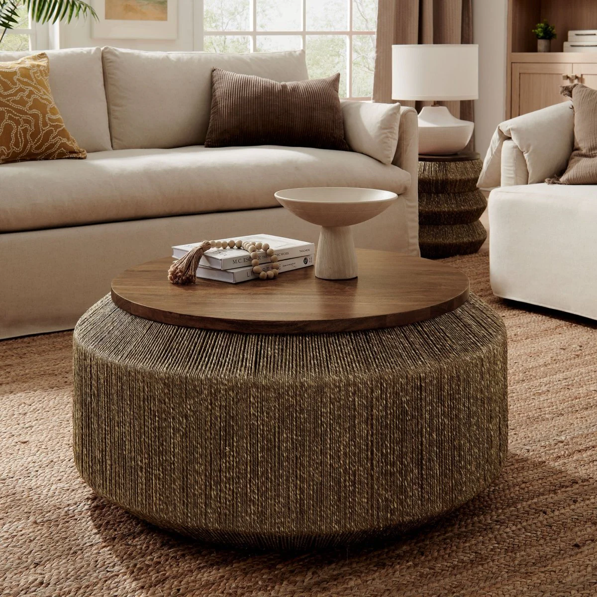 37 Inch Artisan Handwoven Seagrass and Solid Wood Coffee Table in Walnut Natural - Image 7