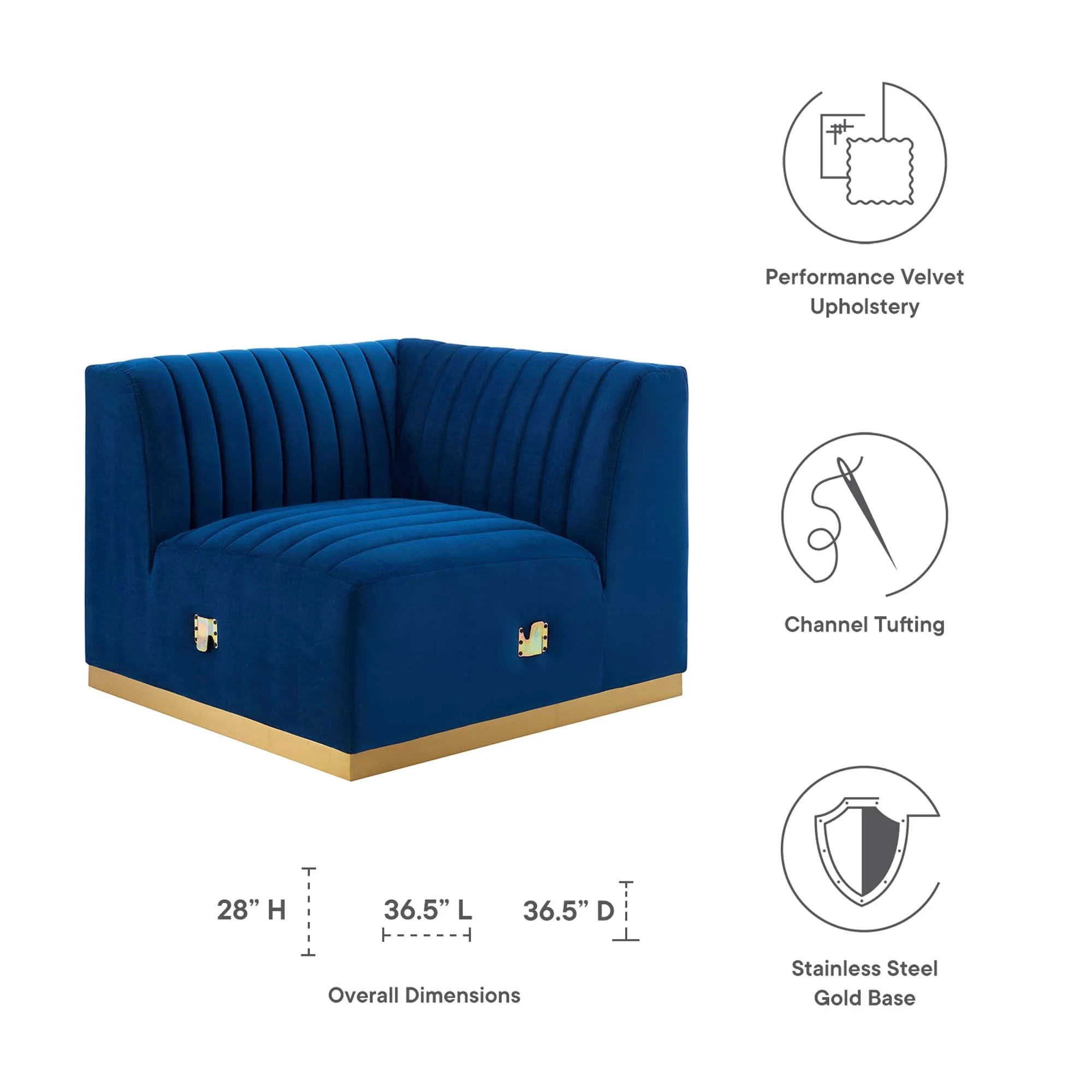 37 Inch Channel Tufted Performance Velvet Left Corner Chair with Gold Stainless Steel Base - Image 20