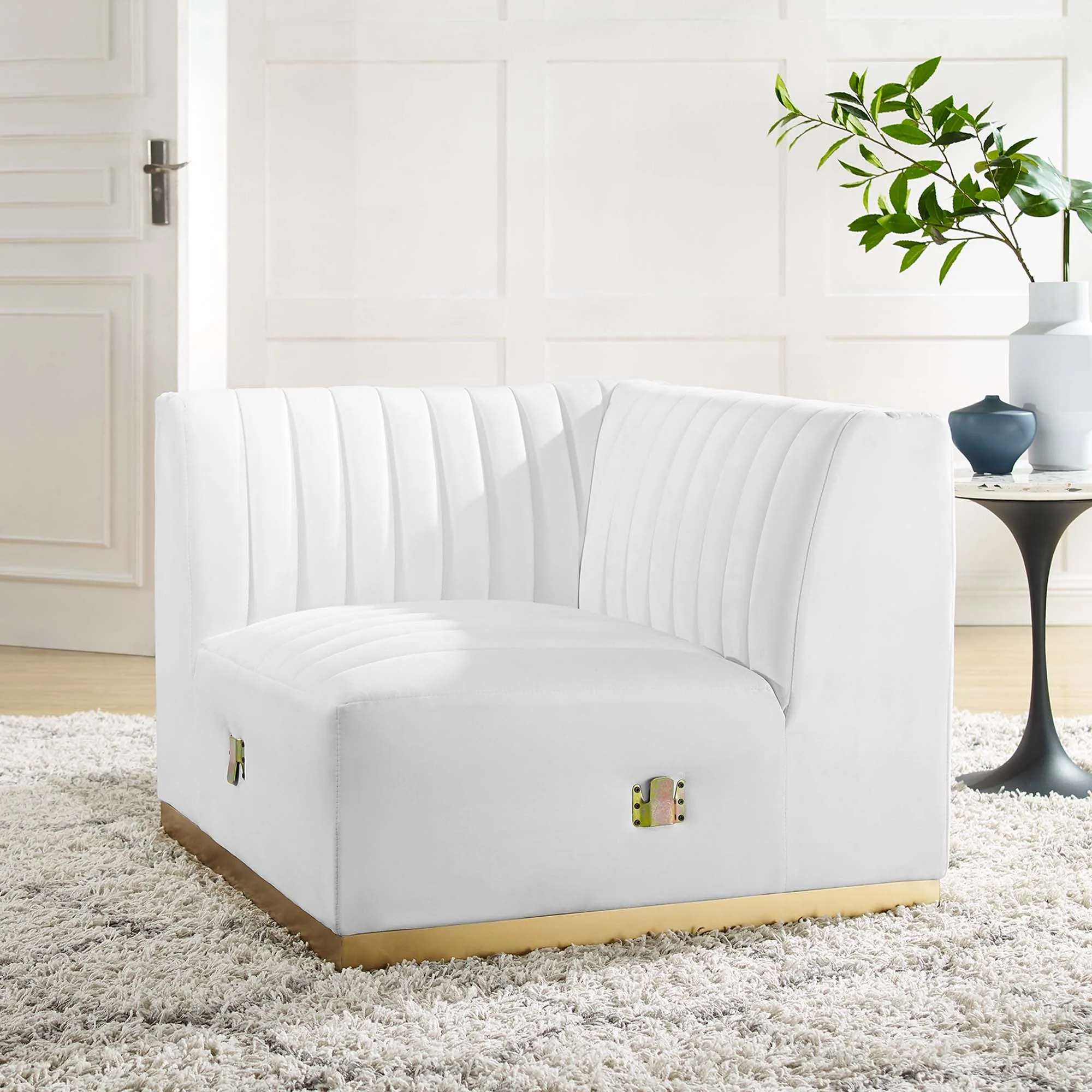 37 Inch Channel Tufted Performance Velvet Left Corner Chair with Gold Stainless Steel Base - Image 30