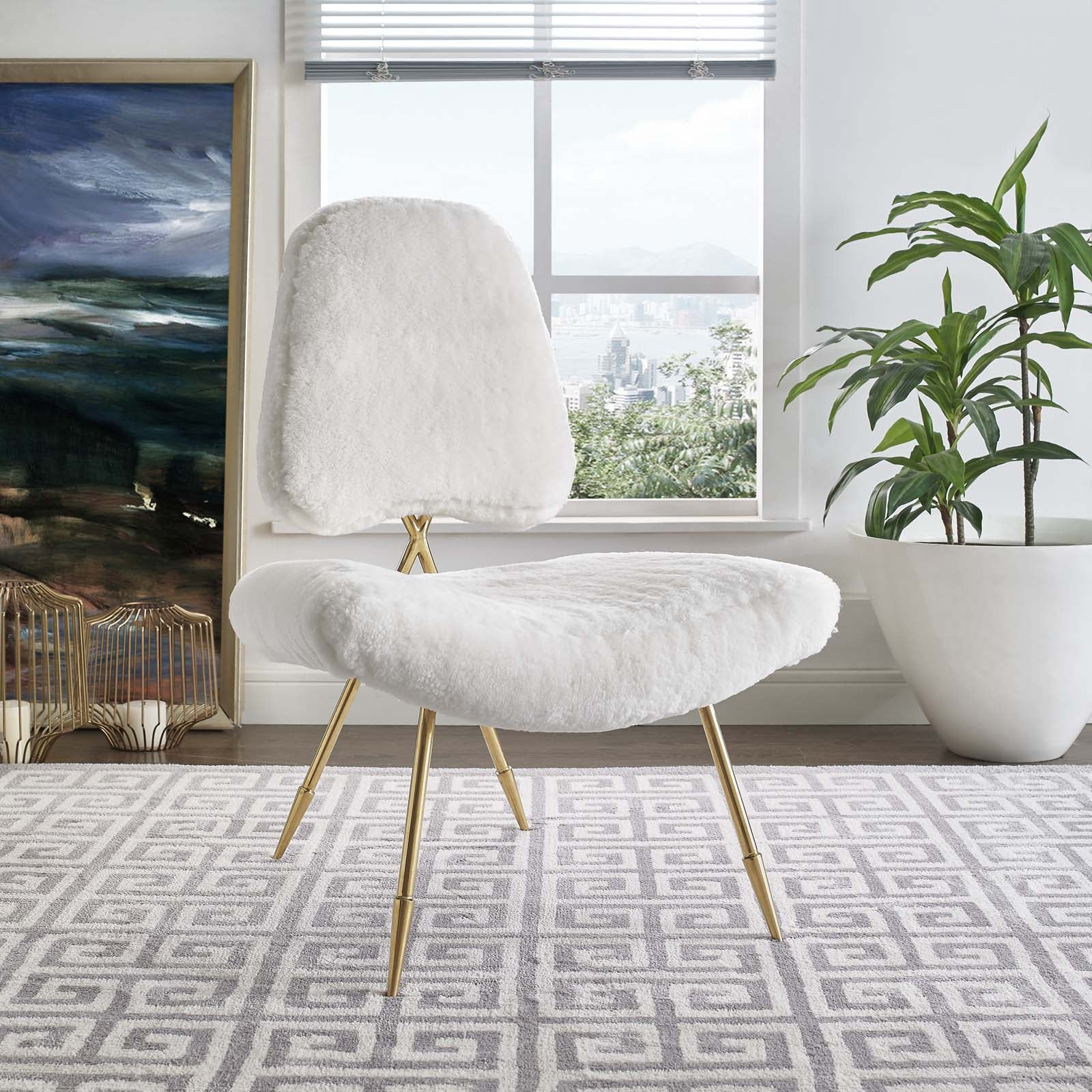 37 Inch Upholstered Sheepskin Fur Lounge Chair with Gold Frame - Image 10