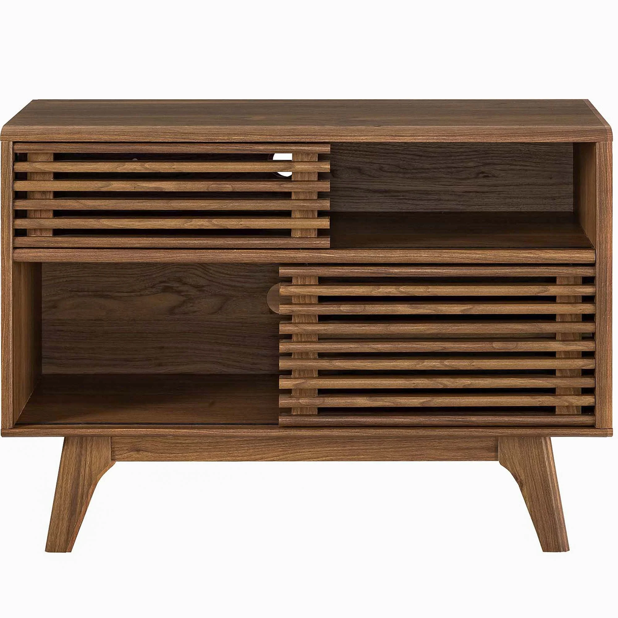 38 Inch Mid-Century Modern Display Stand with Dual Slatted Sliding Doors - Image 11