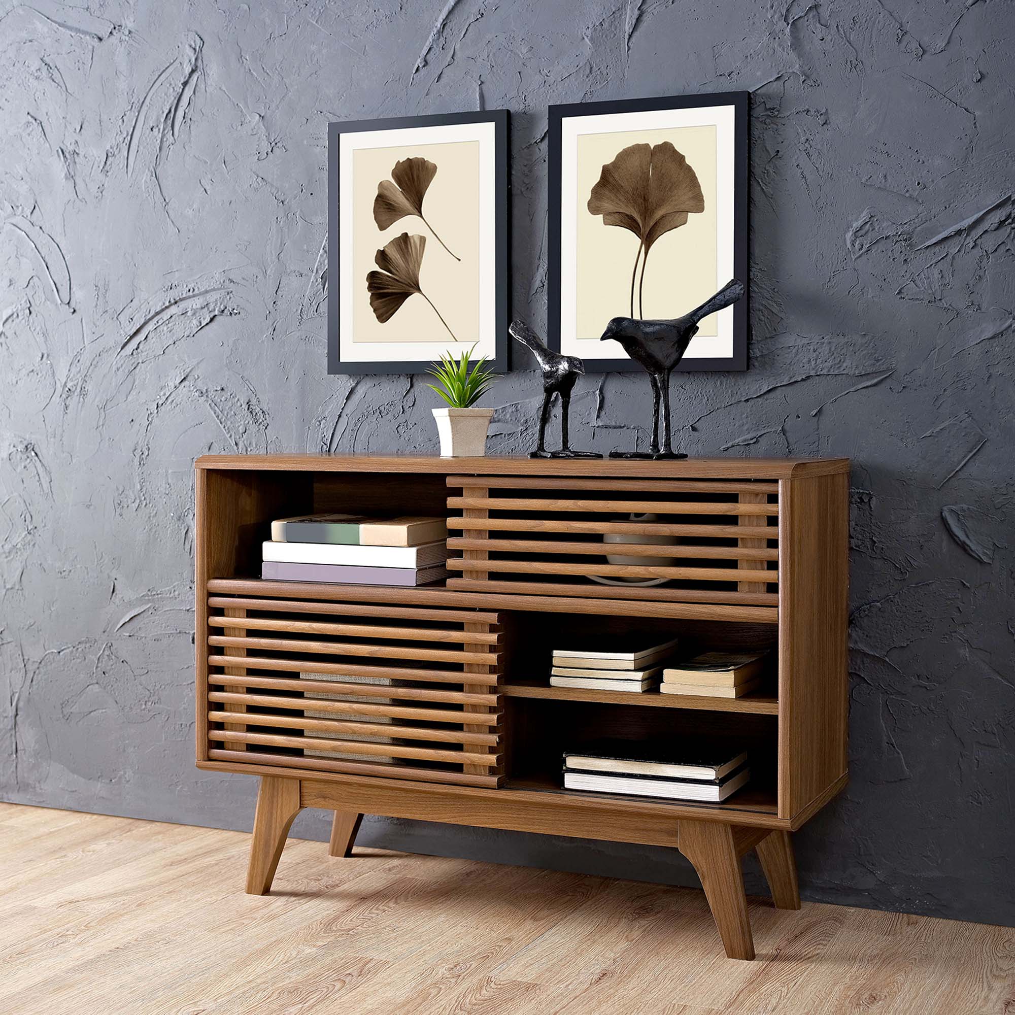 38 Inch Mid-Century Modern Display Stand with Dual Slatted Sliding Doors - Image 12