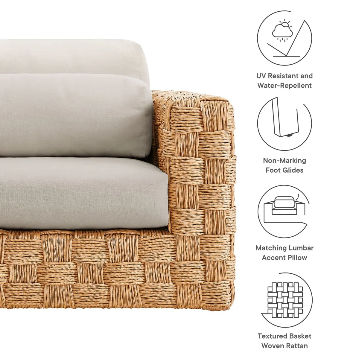 38” Natural Wicker Rattan Outdoor Armchair with Light Gray Cushions - Image 2